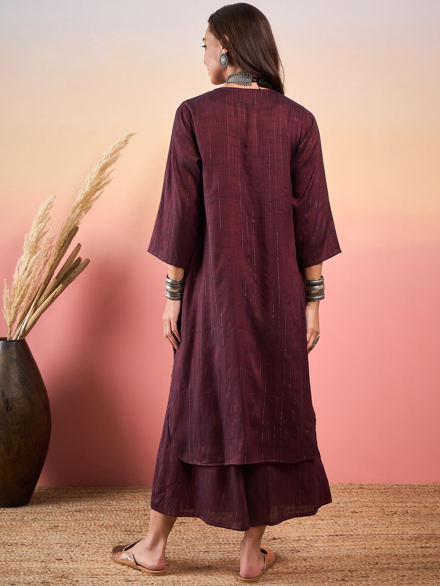 Wine Double Tone Lurex V Neck Flared Kurta Set