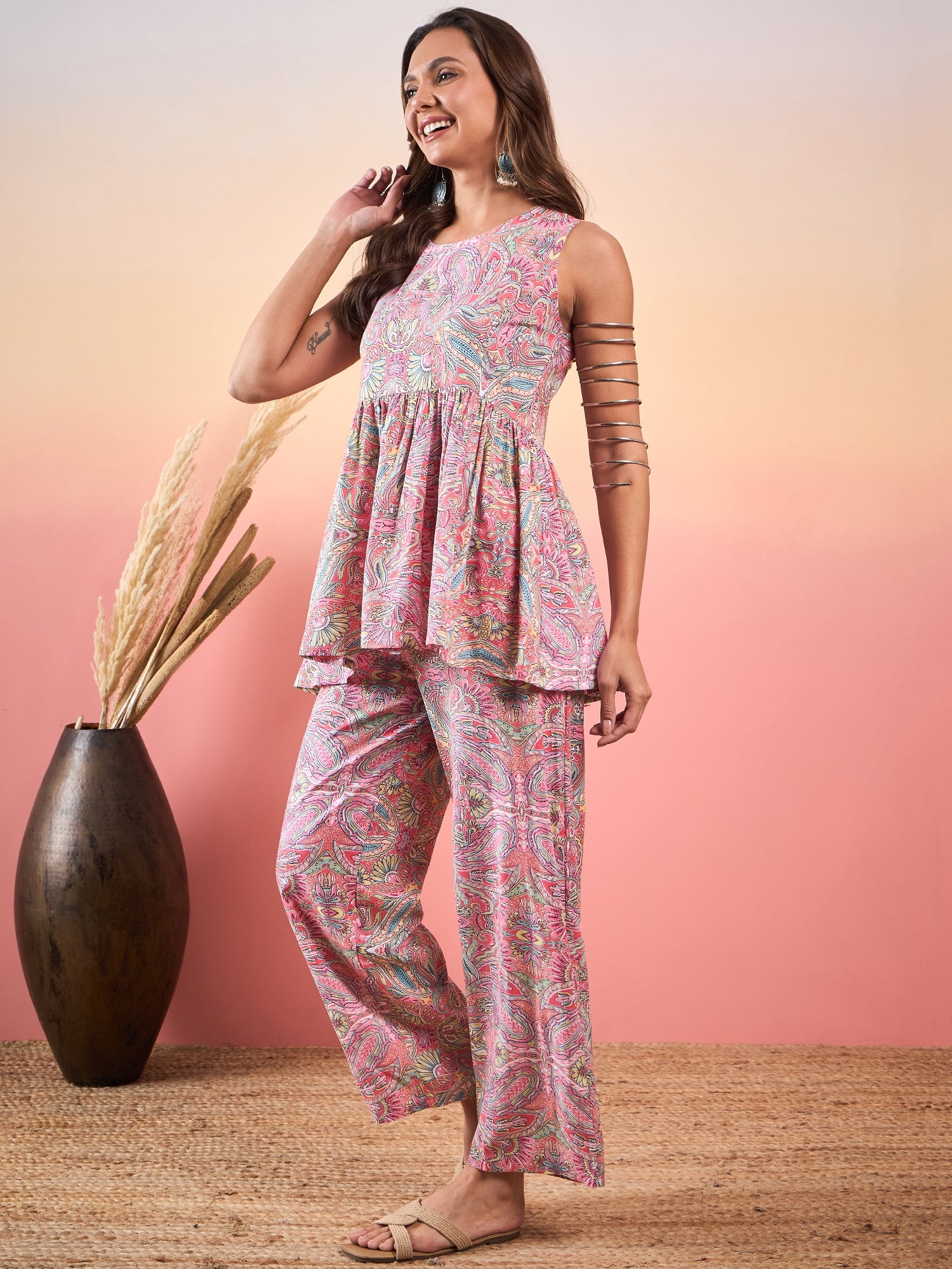 Pink Multi Paisly Print Round Neck Kurta Set