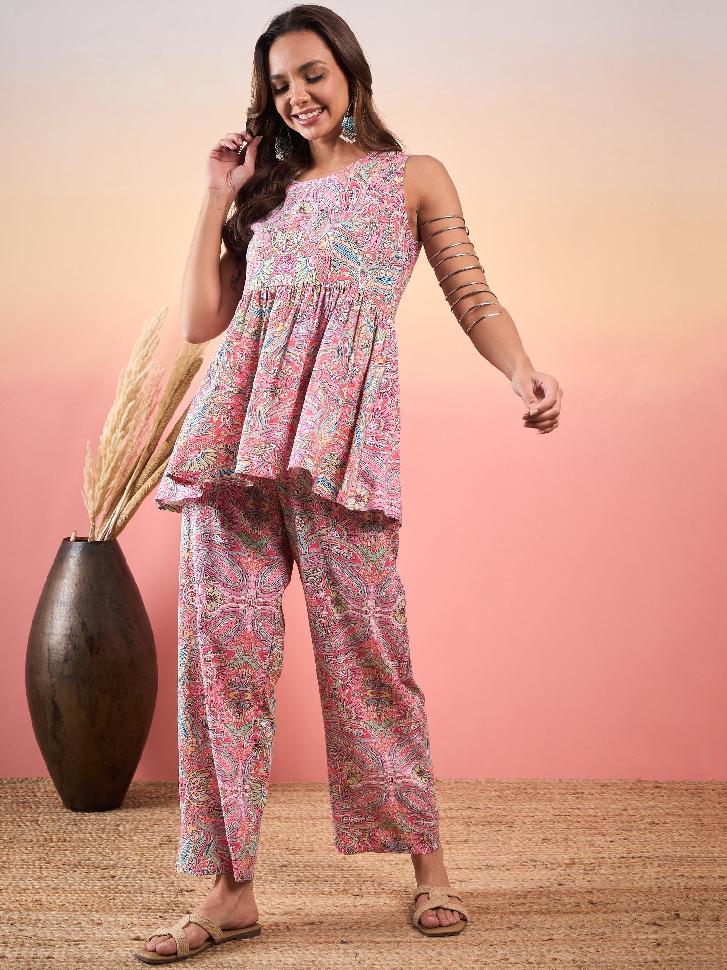 Pink Multi Paisley Print Round Neck Co-ord Set