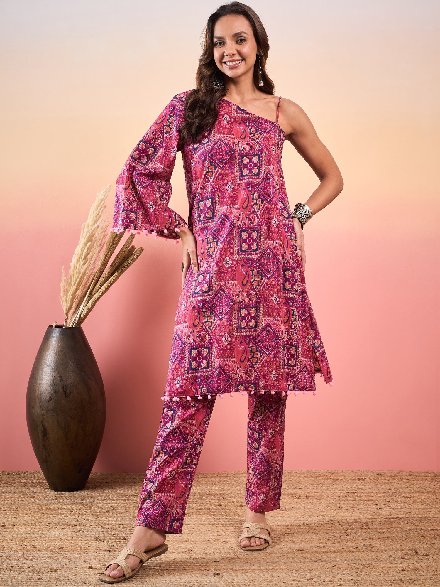 Pink Violet Printed Oneshoulder Strapp Kurta Set