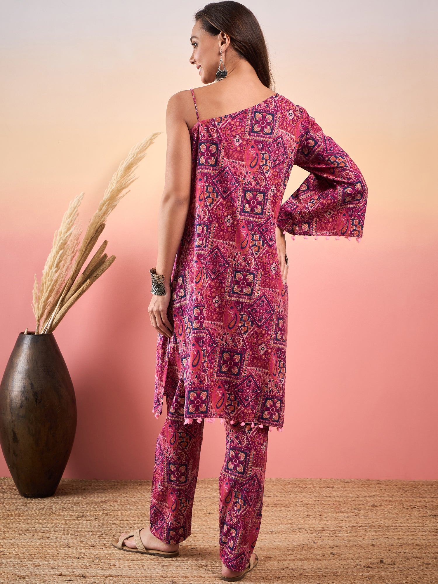 Pink Violet Printed Oneshoulder Strapp Kurta Set