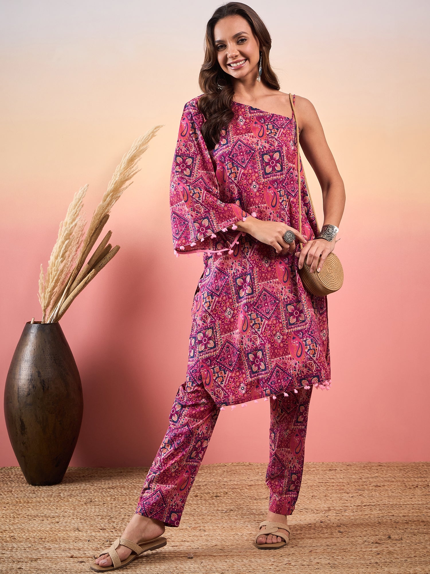 Pink Violet Printed Oneshoulder Strapp Kurta Set