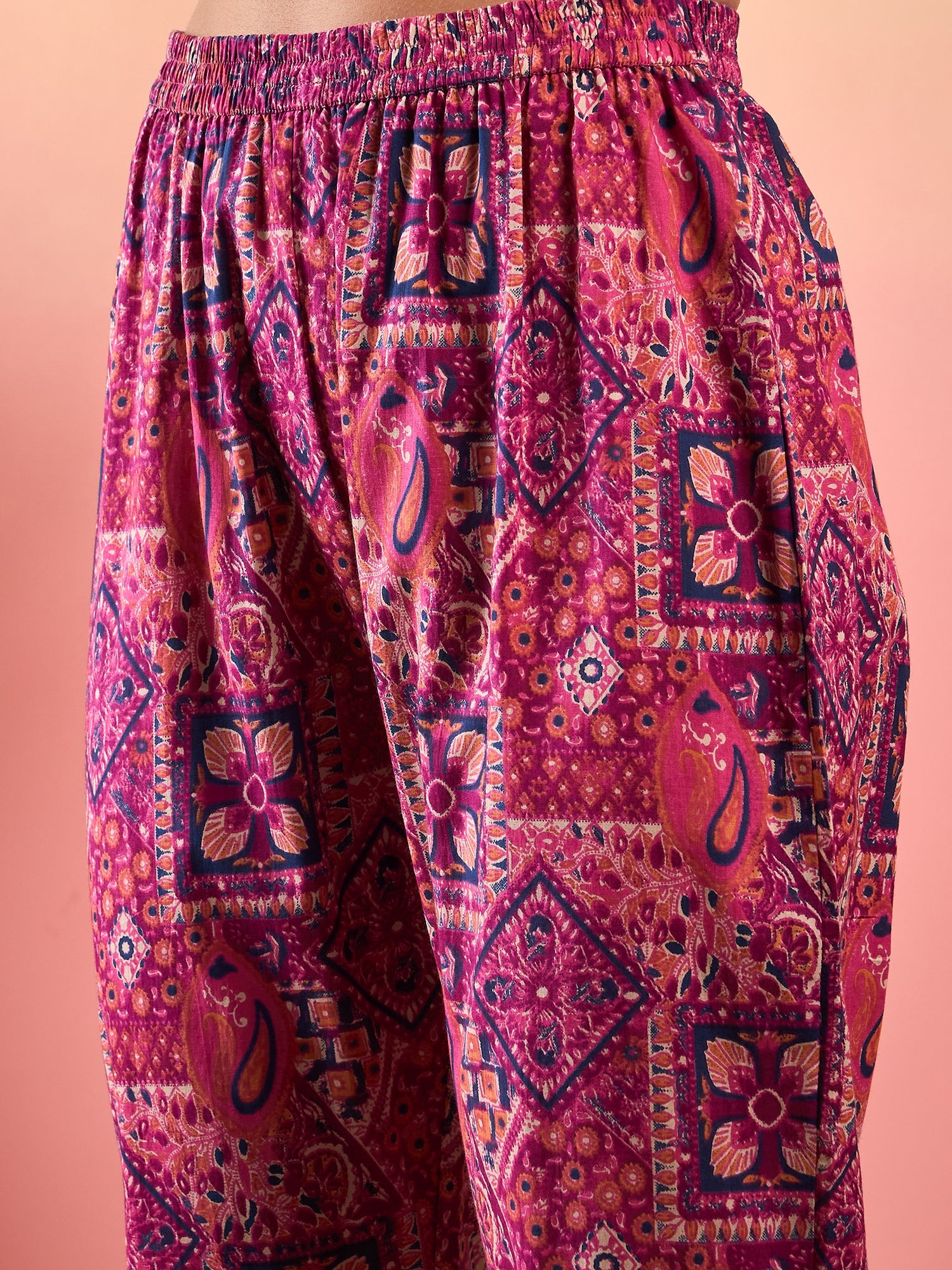 Pink Violet Printed Oneshoulder Strapp Kurta Set