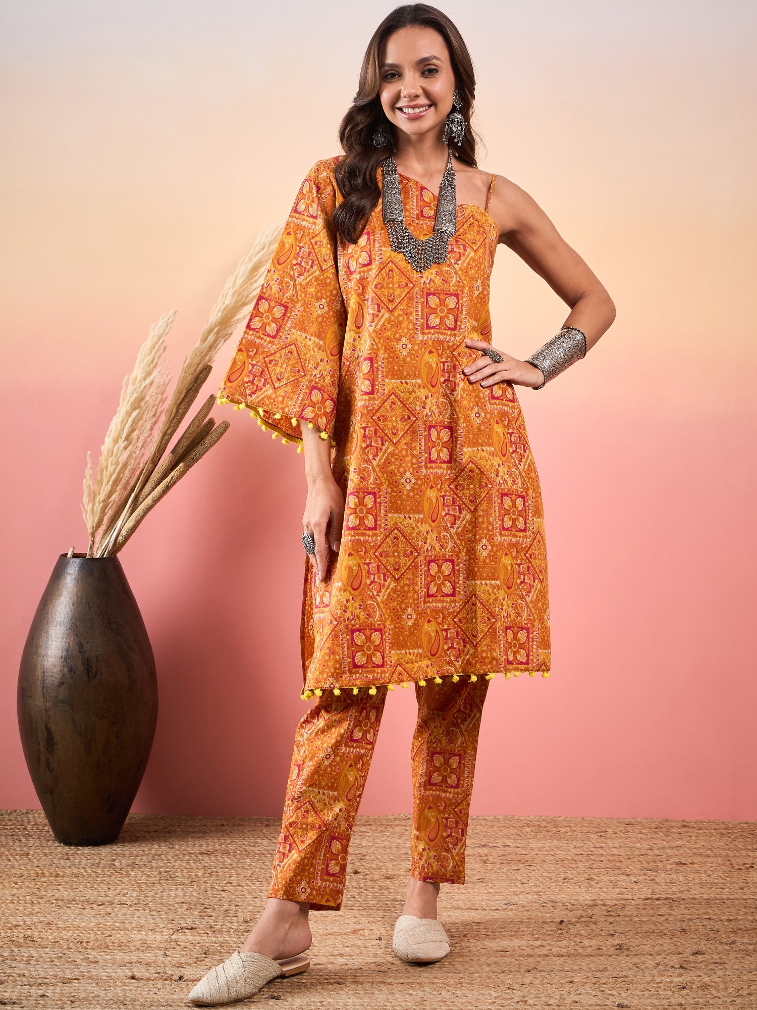 Mustard Orange Printed Oneshoulder Strapp Kurta Set