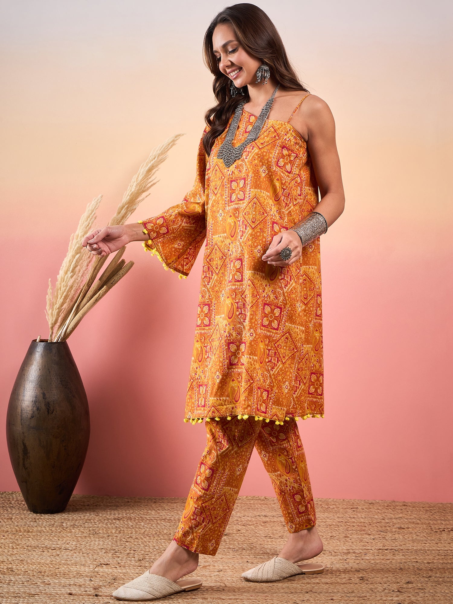 Mustard Orange Printed Oneshoulder Strapp Kurta Set