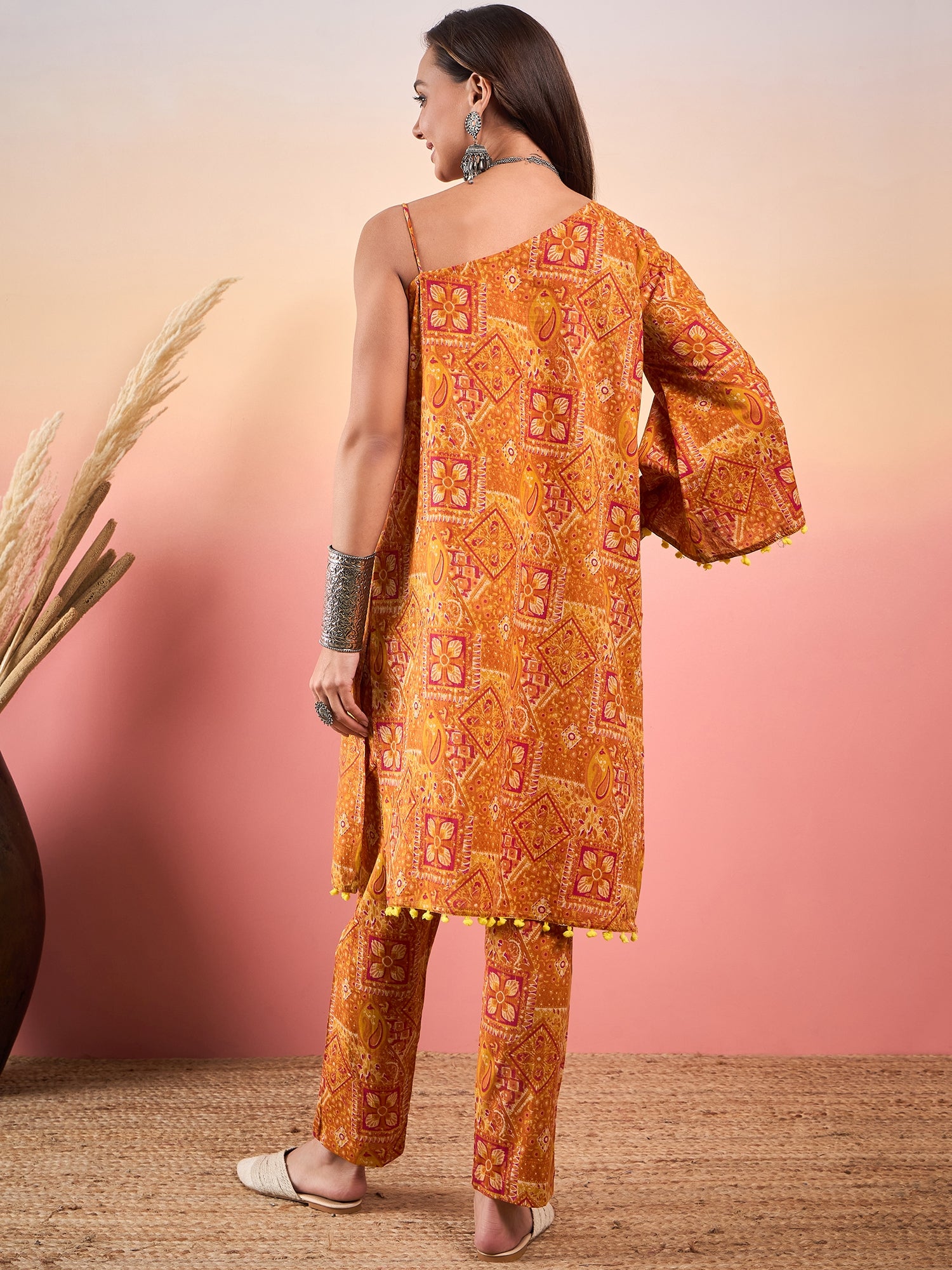 Mustard Orange Printed Oneshoulder Strapp Kurta Set