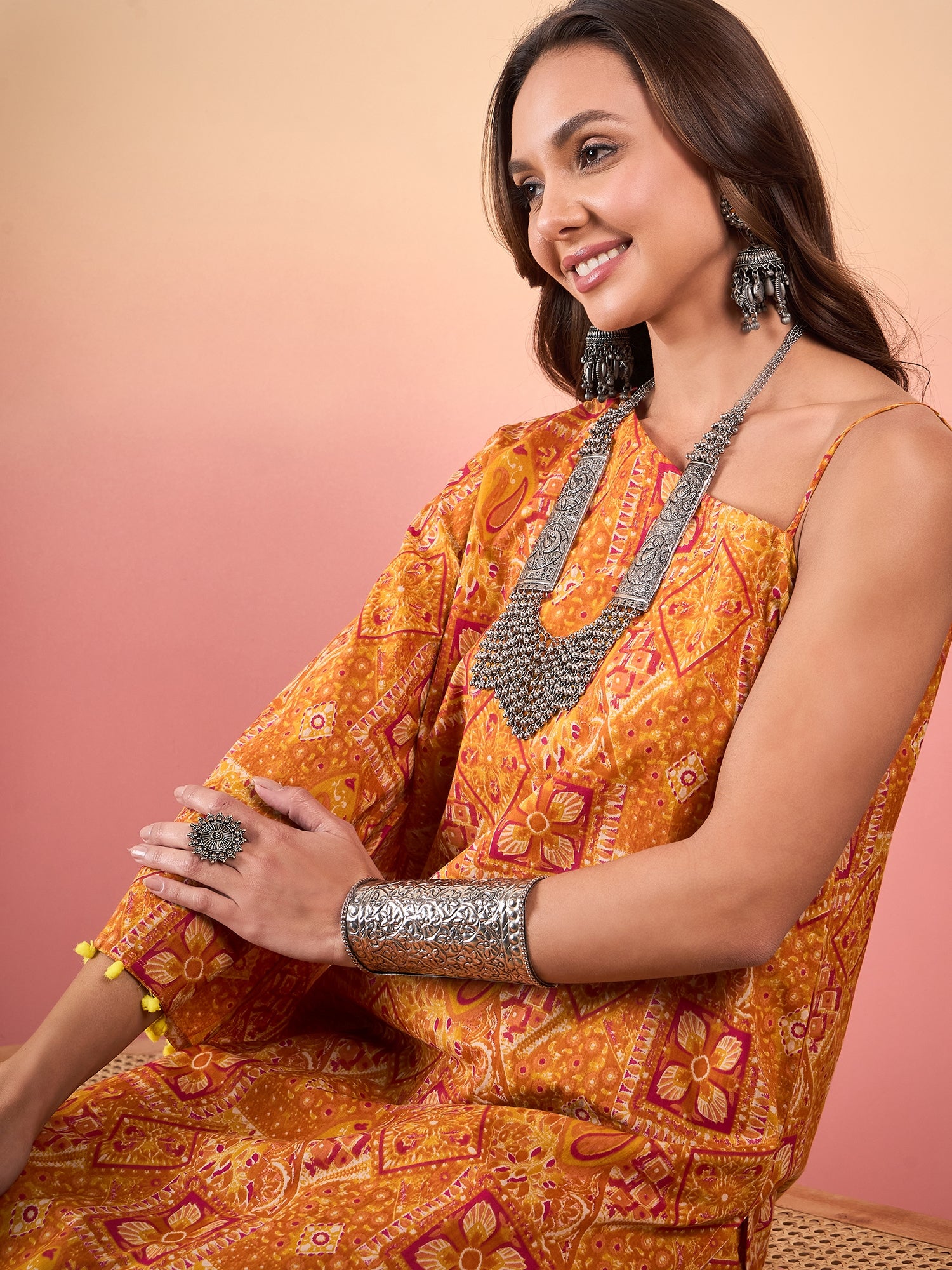 Mustard Orange Printed Oneshoulder Strapp Kurta Set