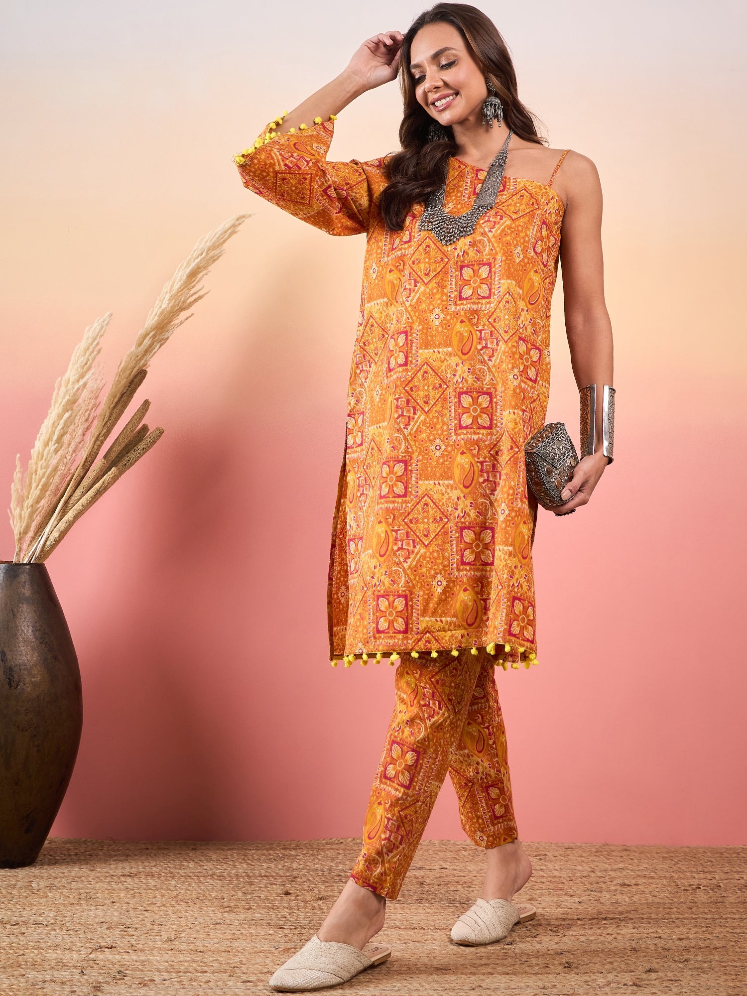 Mustard Orange Printed Oneshoulder Strapp Kurta Set