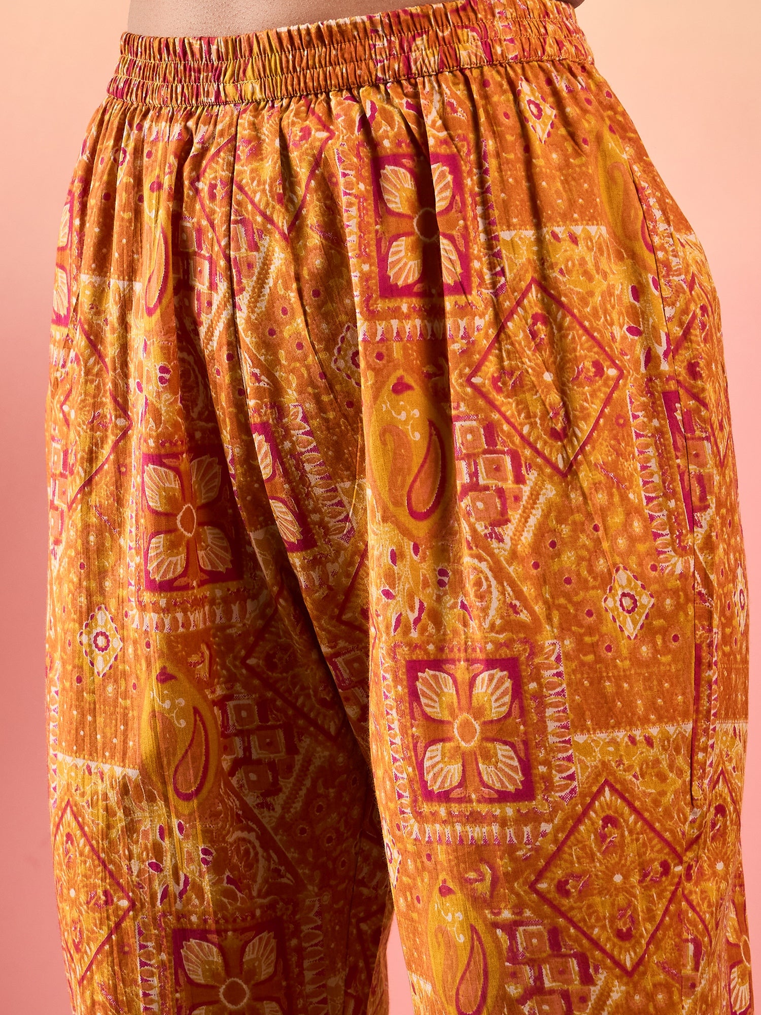 Mustard Orange Printed Oneshoulder Strapp Kurta Set