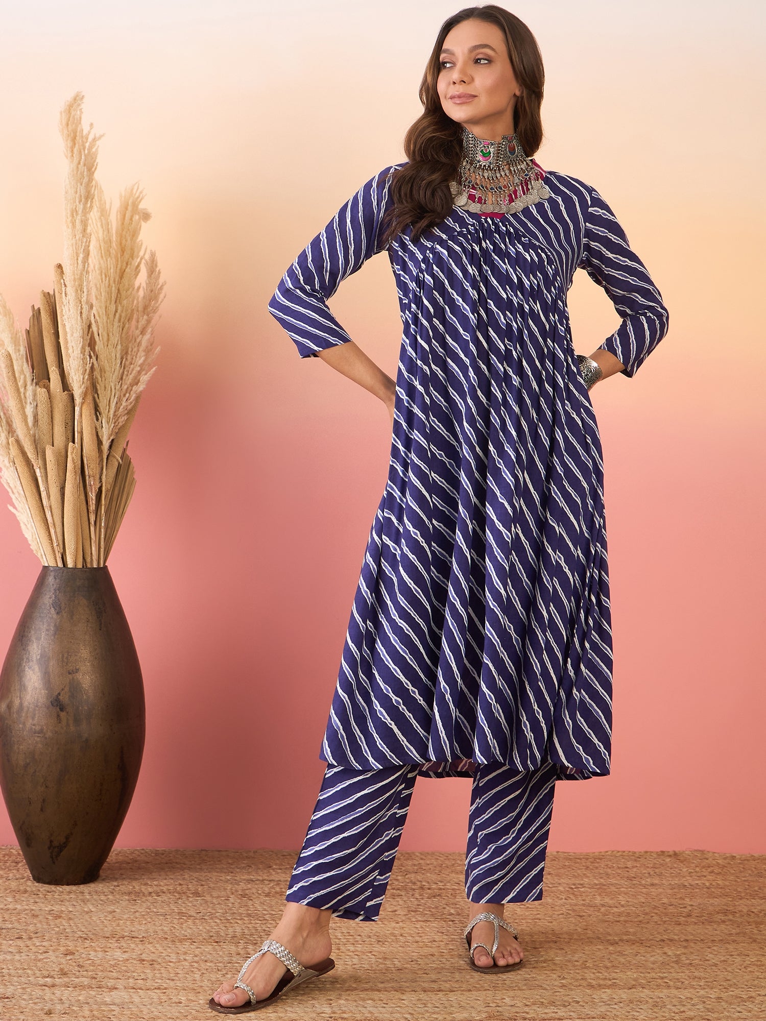 Berry Blue White Lehariya Purple V Neck Alia Cut Kurta Set