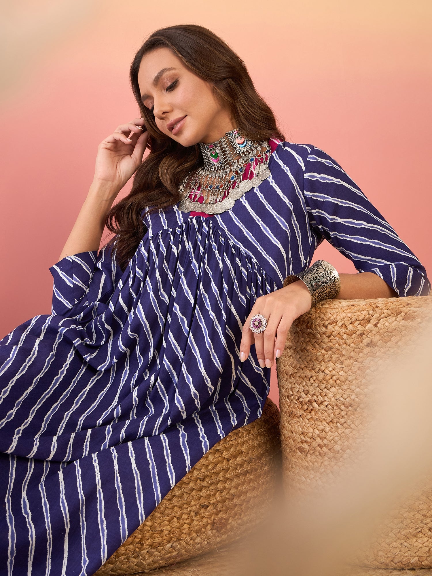 Berry Blue White Lehariya Purple V Neck Alia Cut Kurta Set