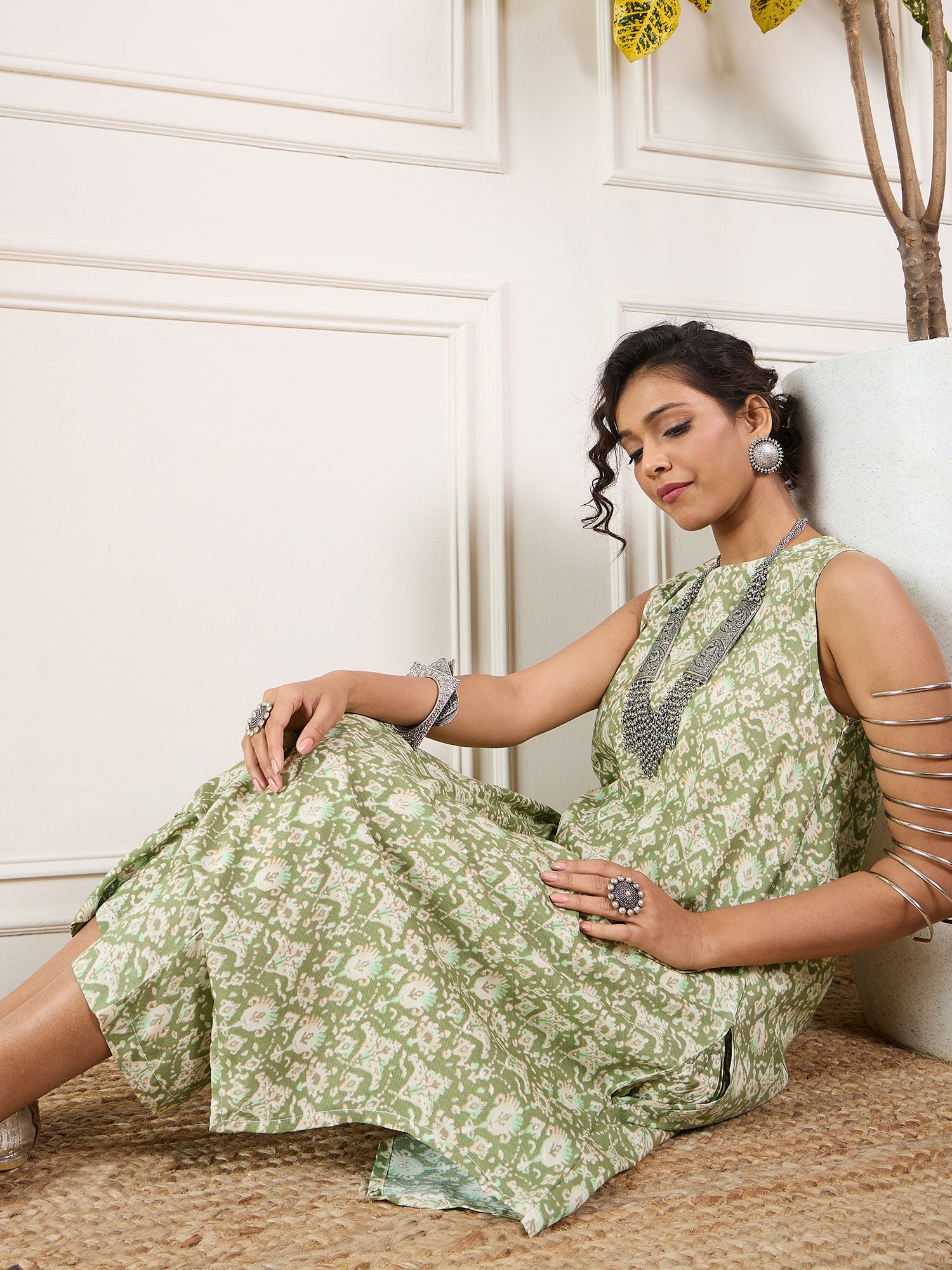 Apple Green Ikkat Print Foil Round Neck Kurta Pant Set