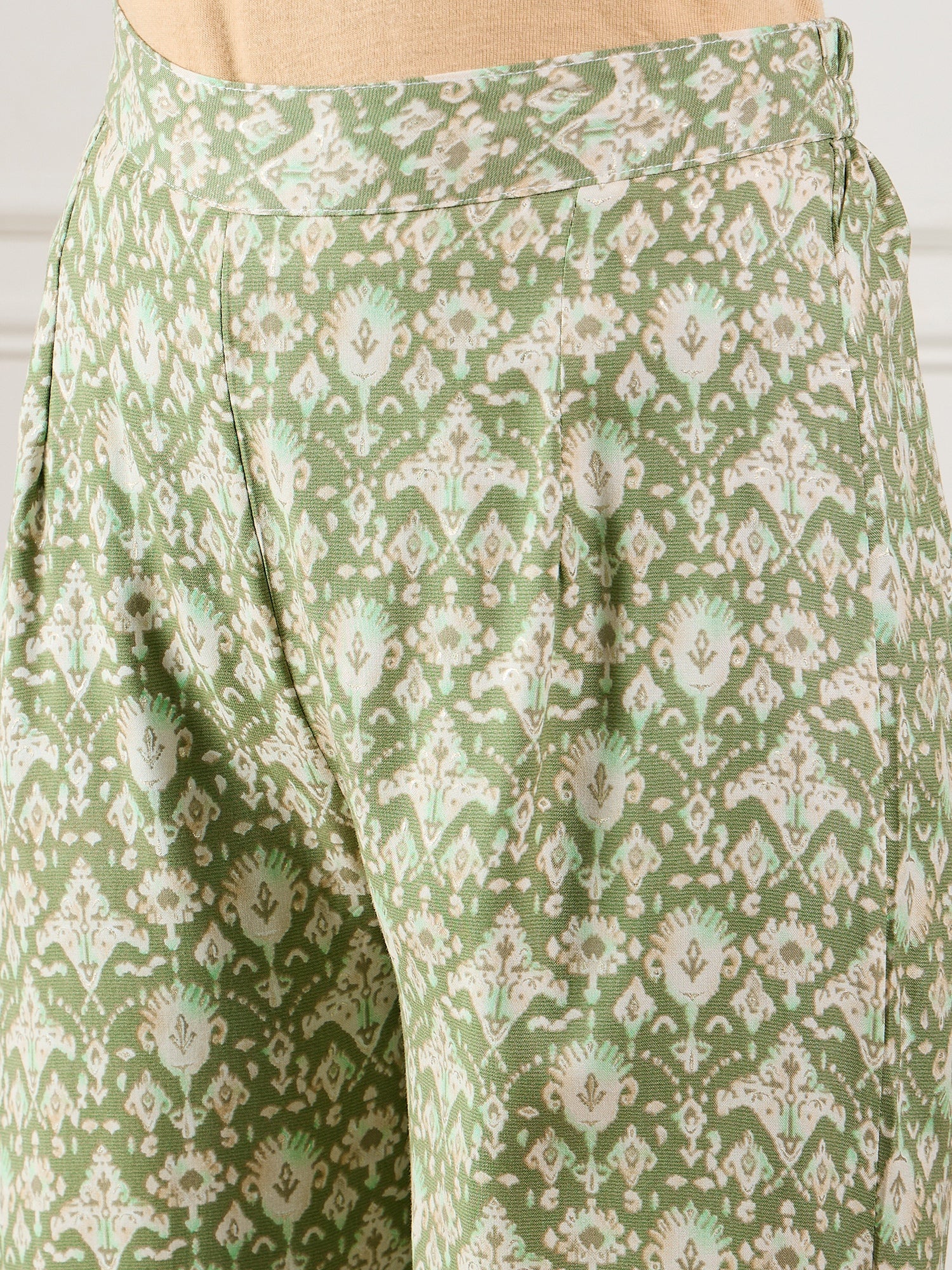 Apple Green Ikkat Print Foil Round Neck Kurta Pant Set