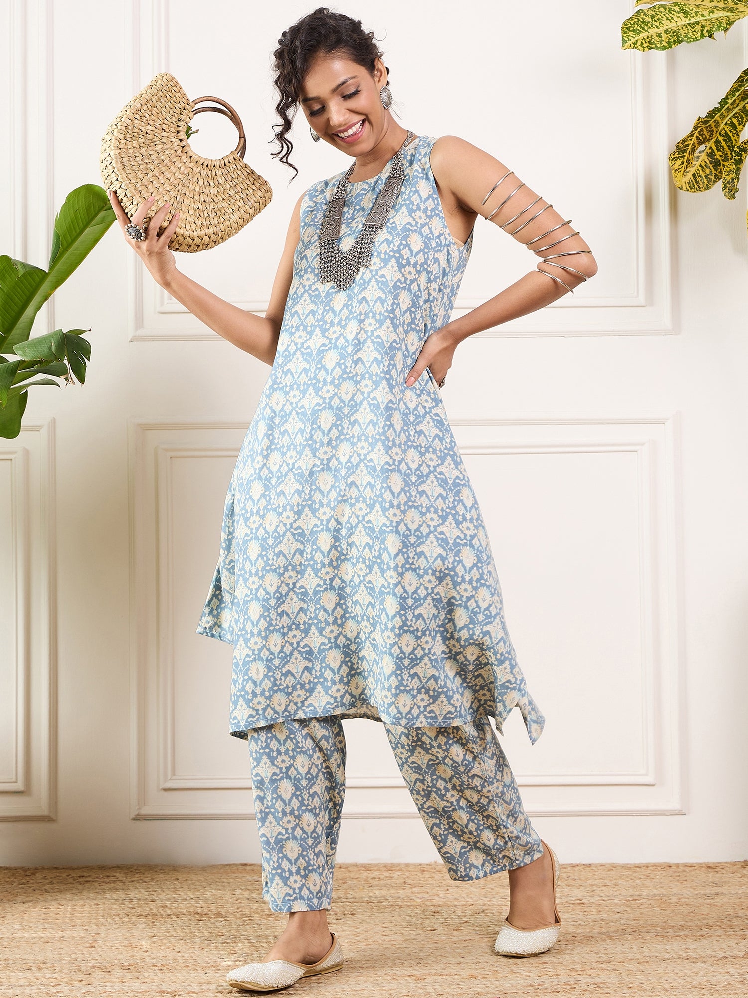 Powder Blue Ikkat Print Foil Round Neck Kurta Pant Set