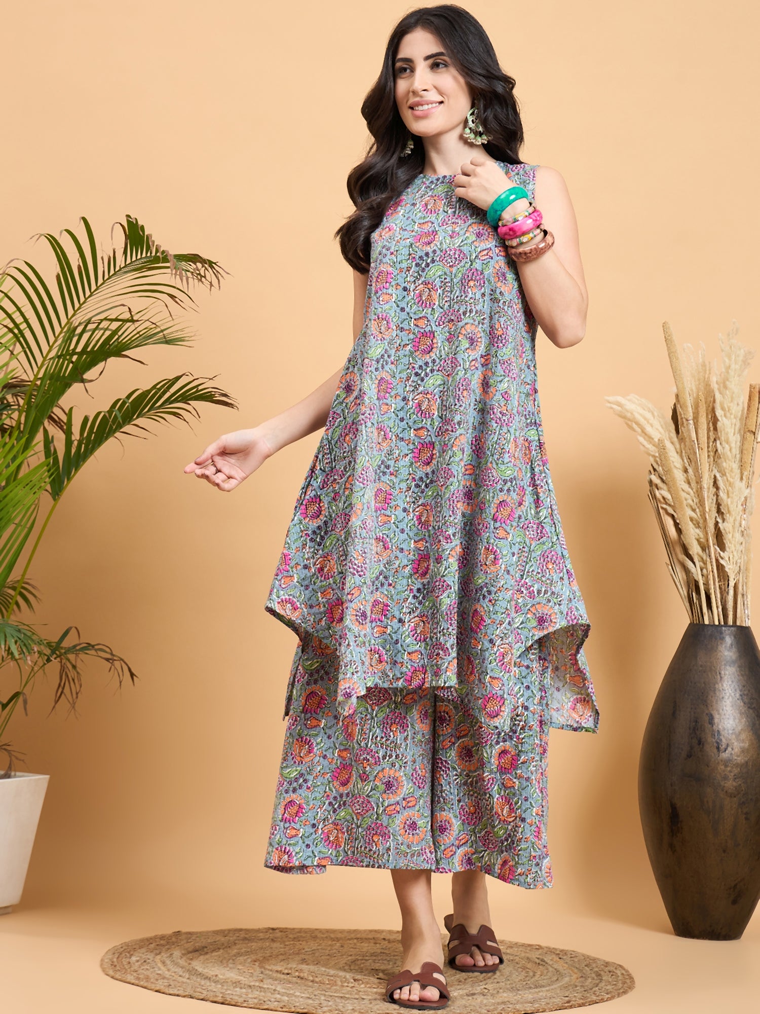 Grey Kantha Floral Jaal Short Palazzo Set