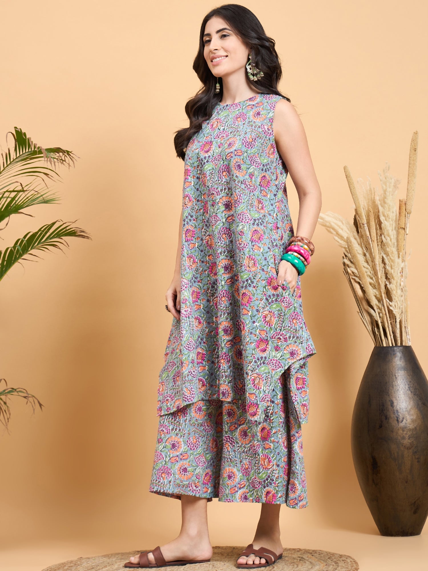 Grey Kantha Floral Jaal Short Palazzo Set