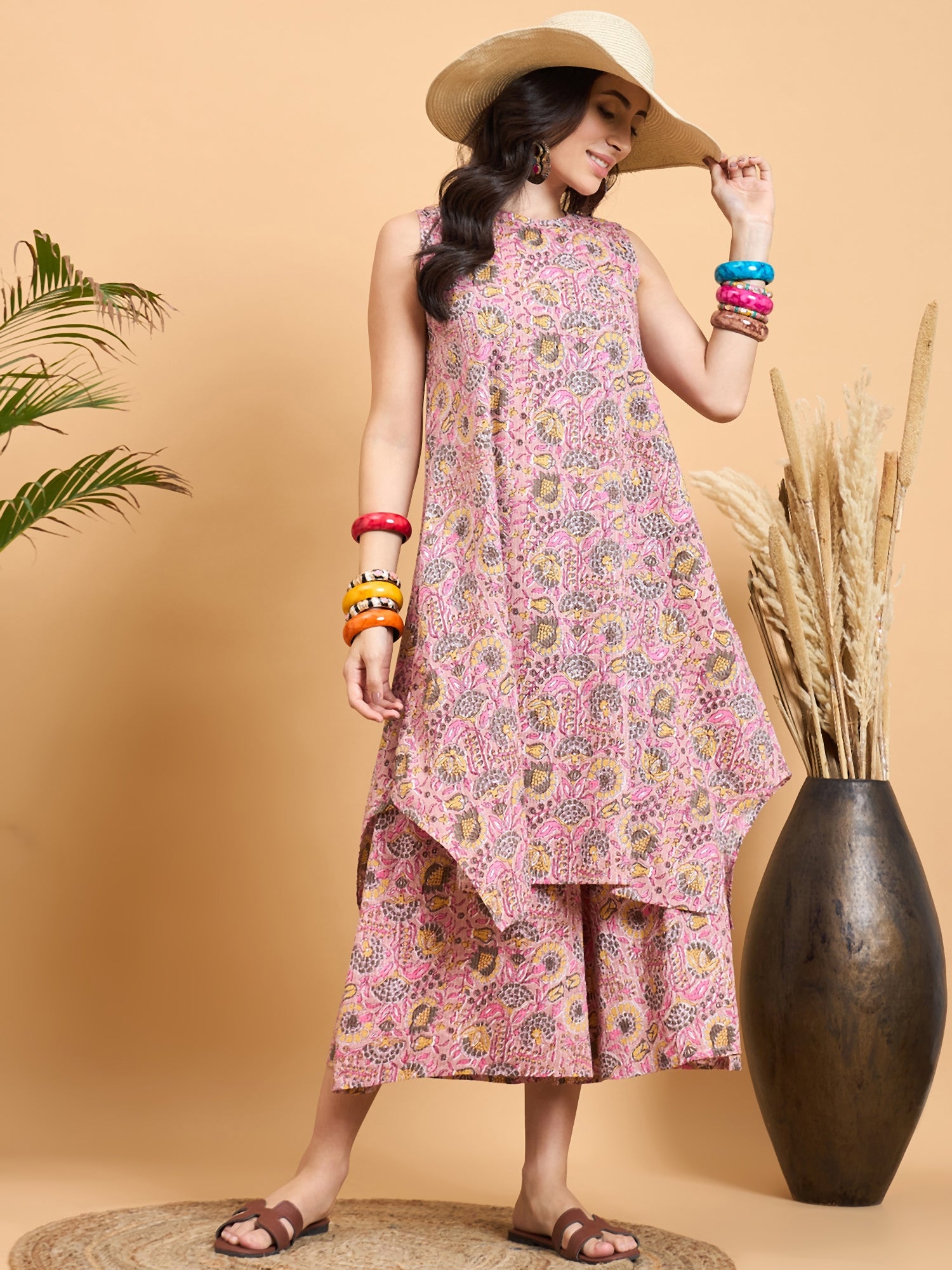 Pastel Pink Kantha Floral Jaal Short Palazzo Set