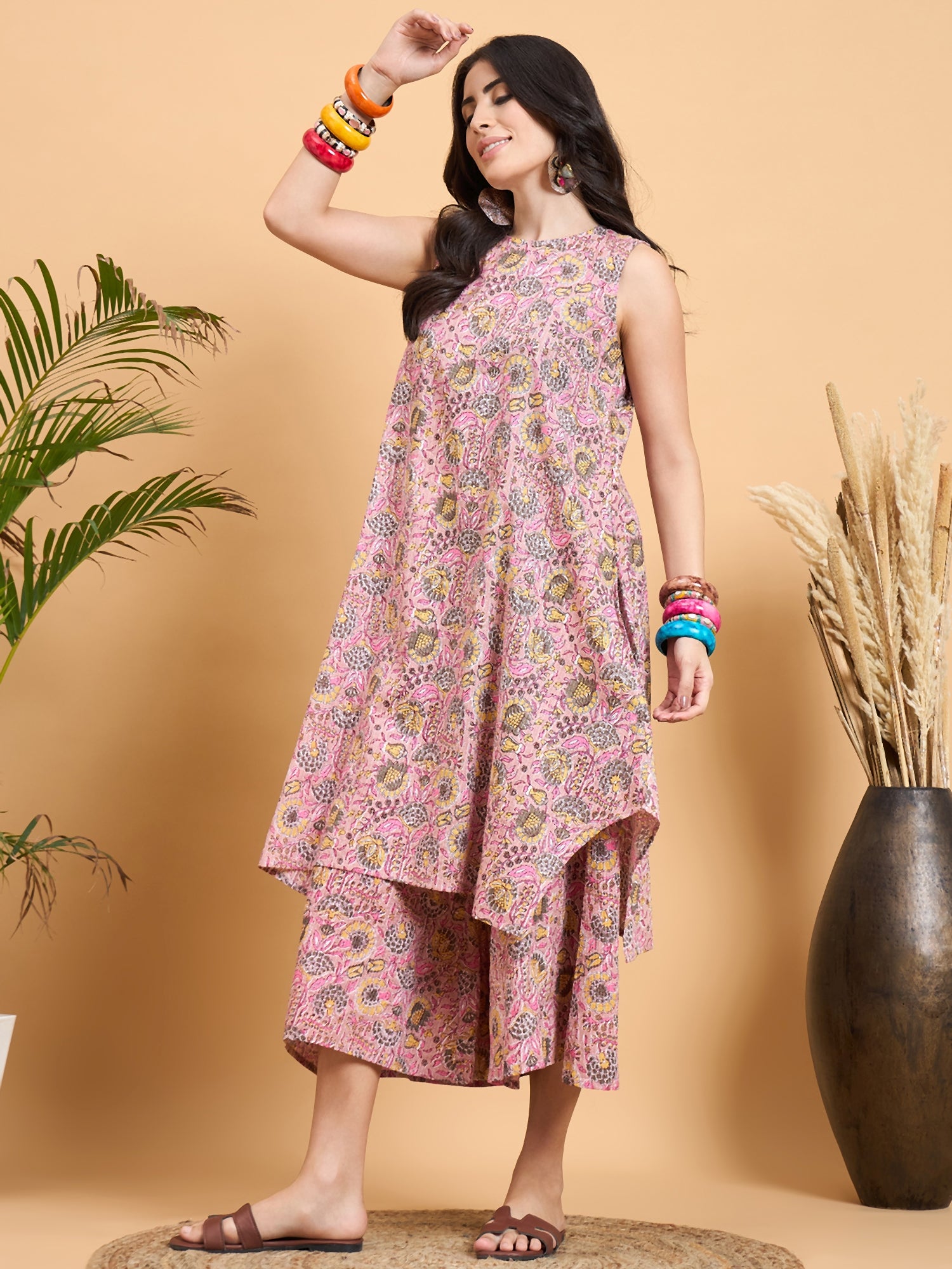 Pastel Pink Kantha Floral Jaal Short Palazzo Set