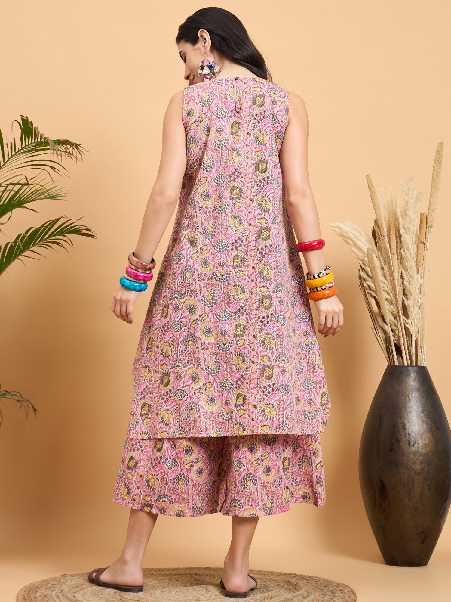 Pastel Pink Kantha Floral Jaal Short Palazzo Set