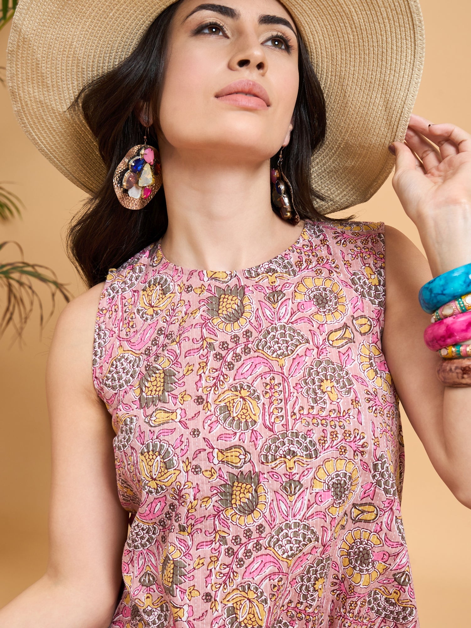 Pastel Pink Kantha Floral Jaal Short Palazzo Set