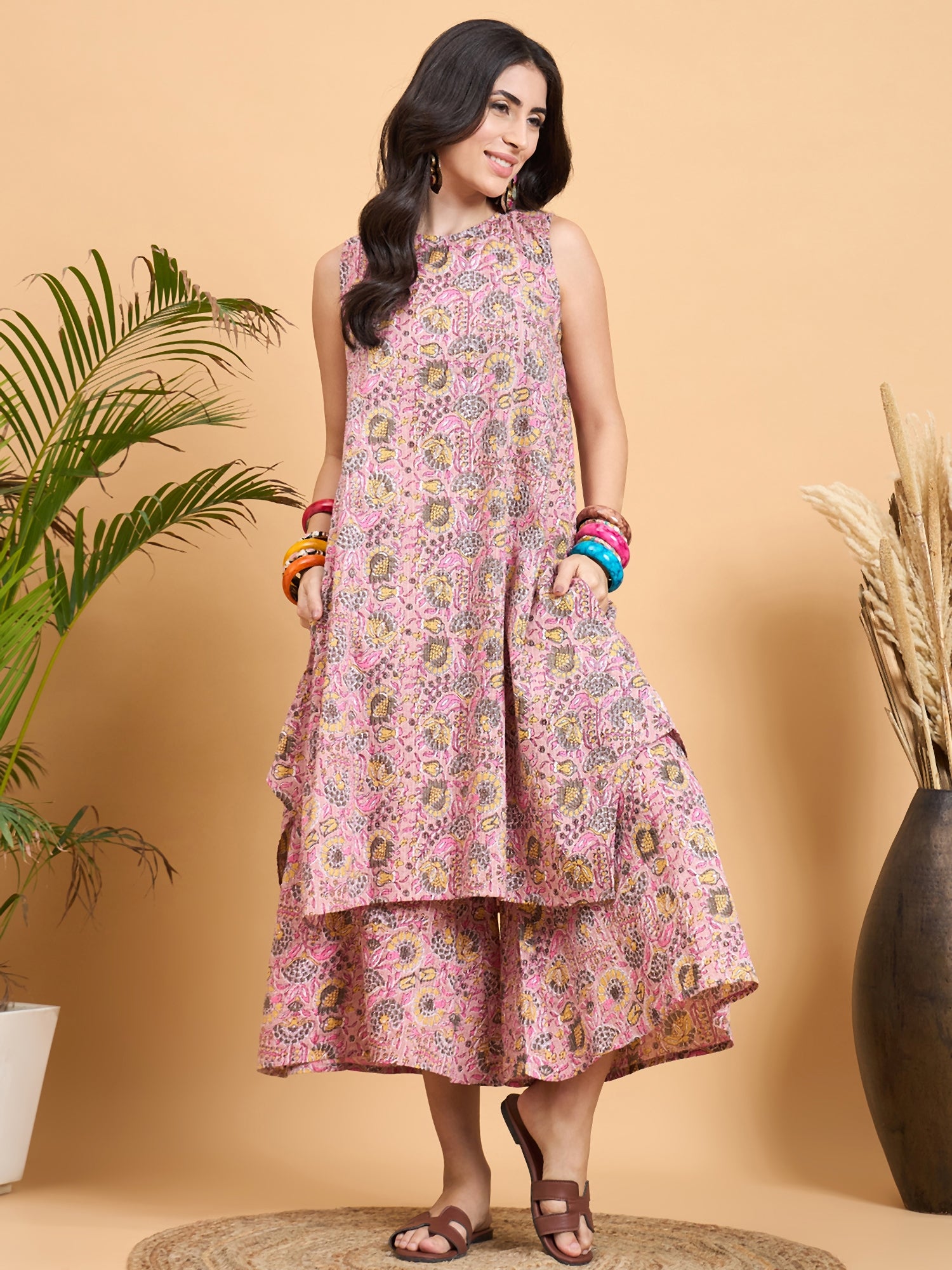 Pastel Pink Kantha Floral Jaal Short Palazzo Set