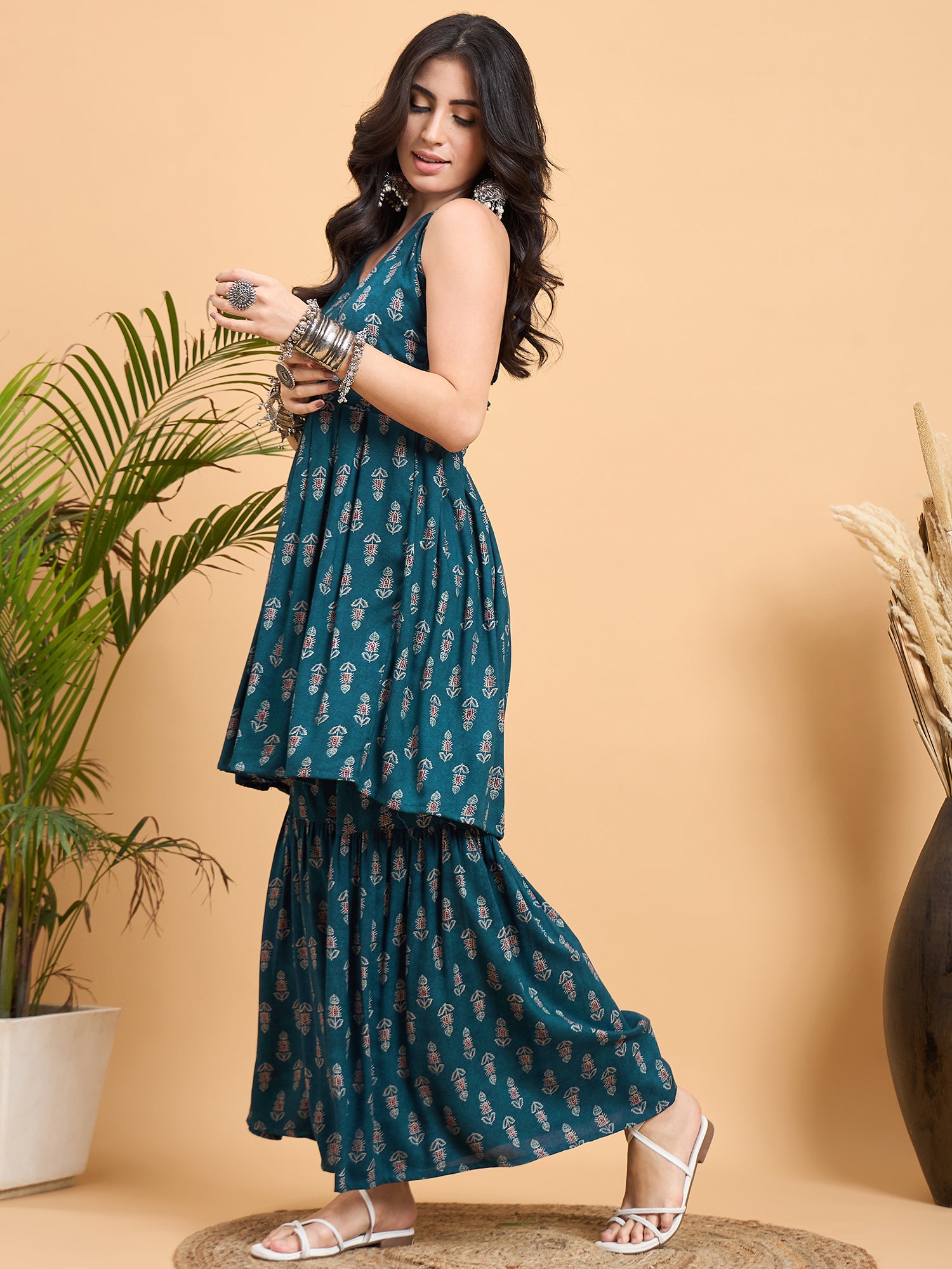 Teal Booti Rapid Print Backless Kurta Sharara Set