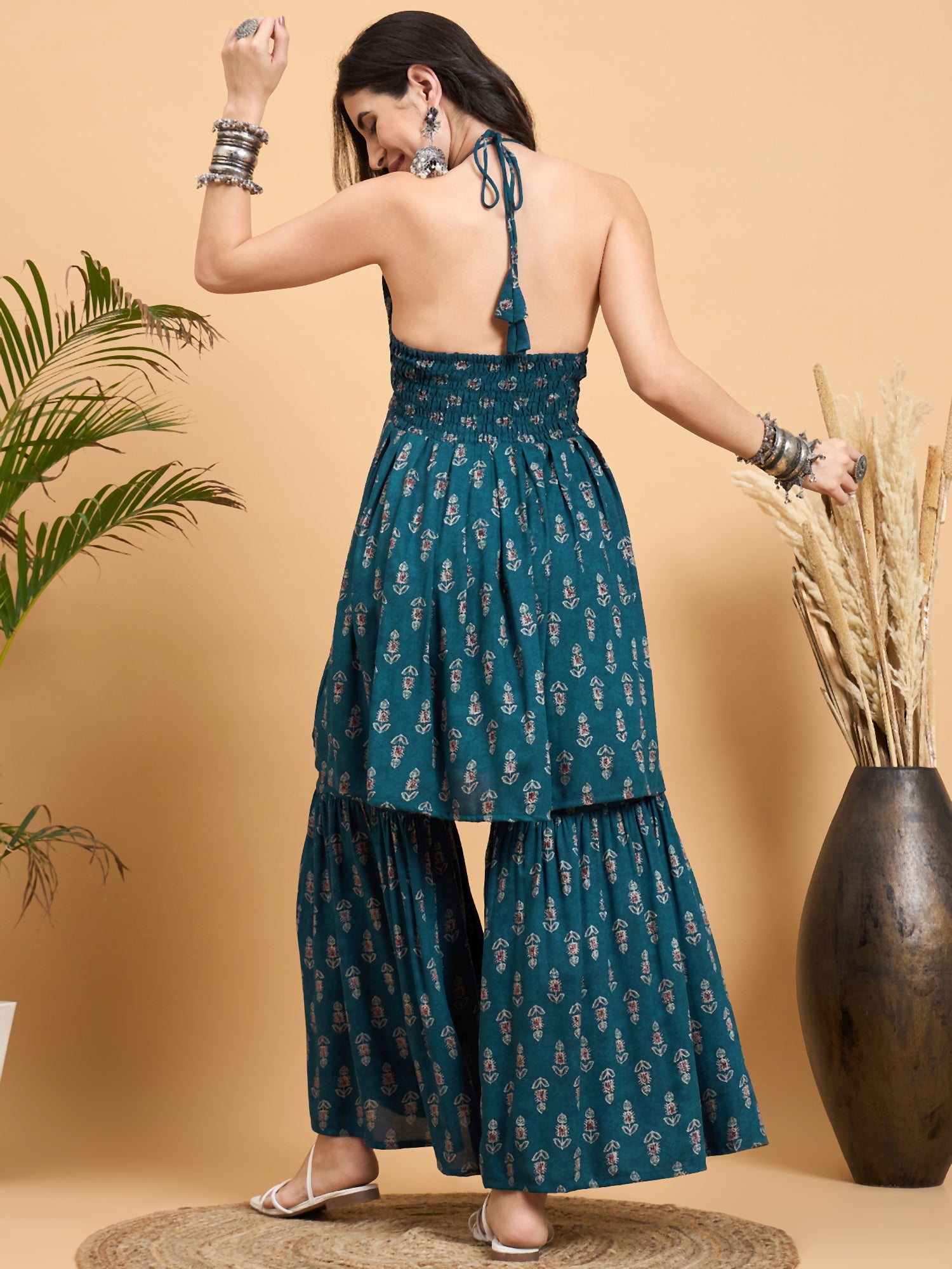 Teal Booti Rapid Print Backless Kurta Sharara Set