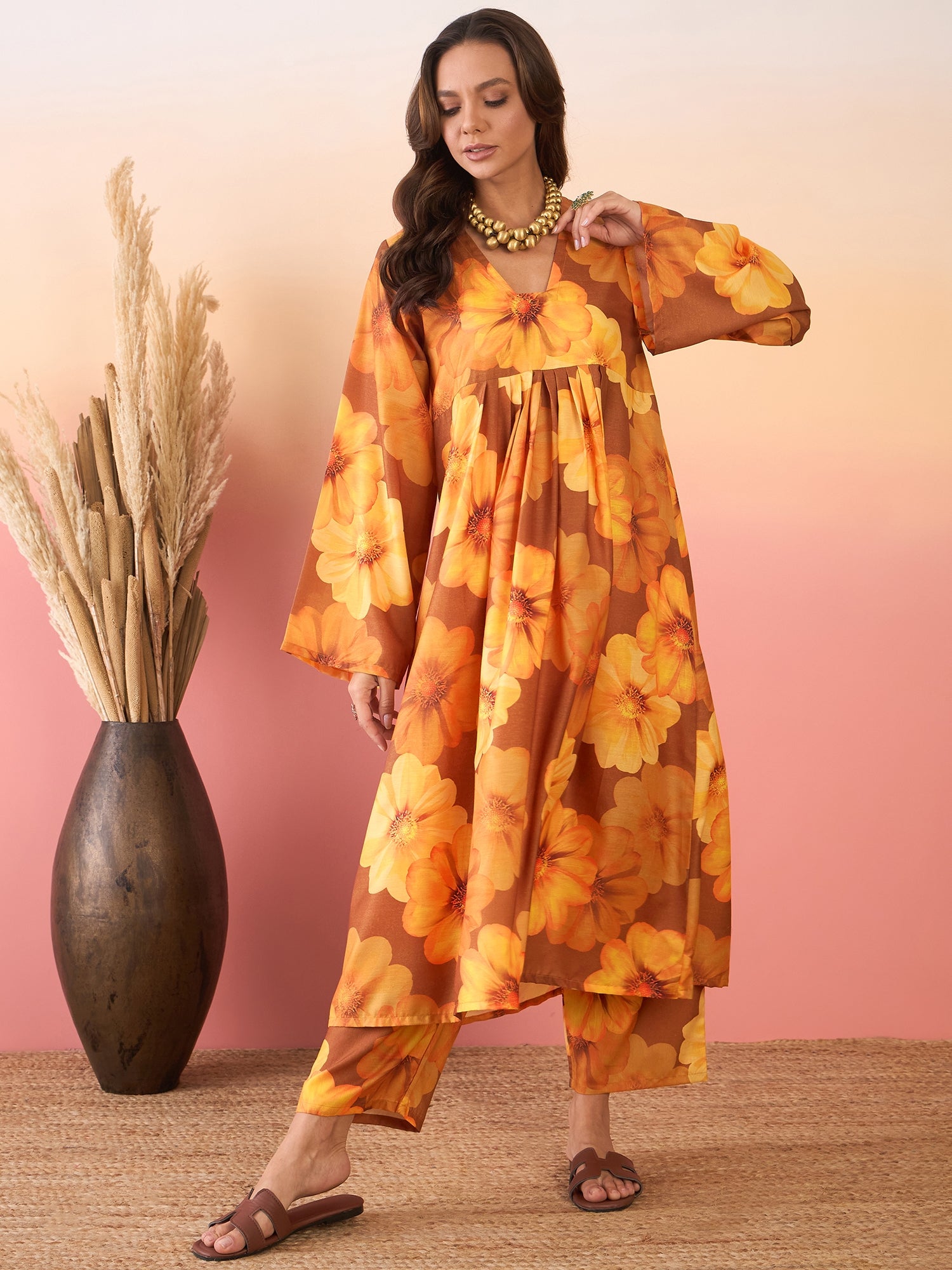 Bronze Sunflower Print V Neck Front Pleat Kurta Set