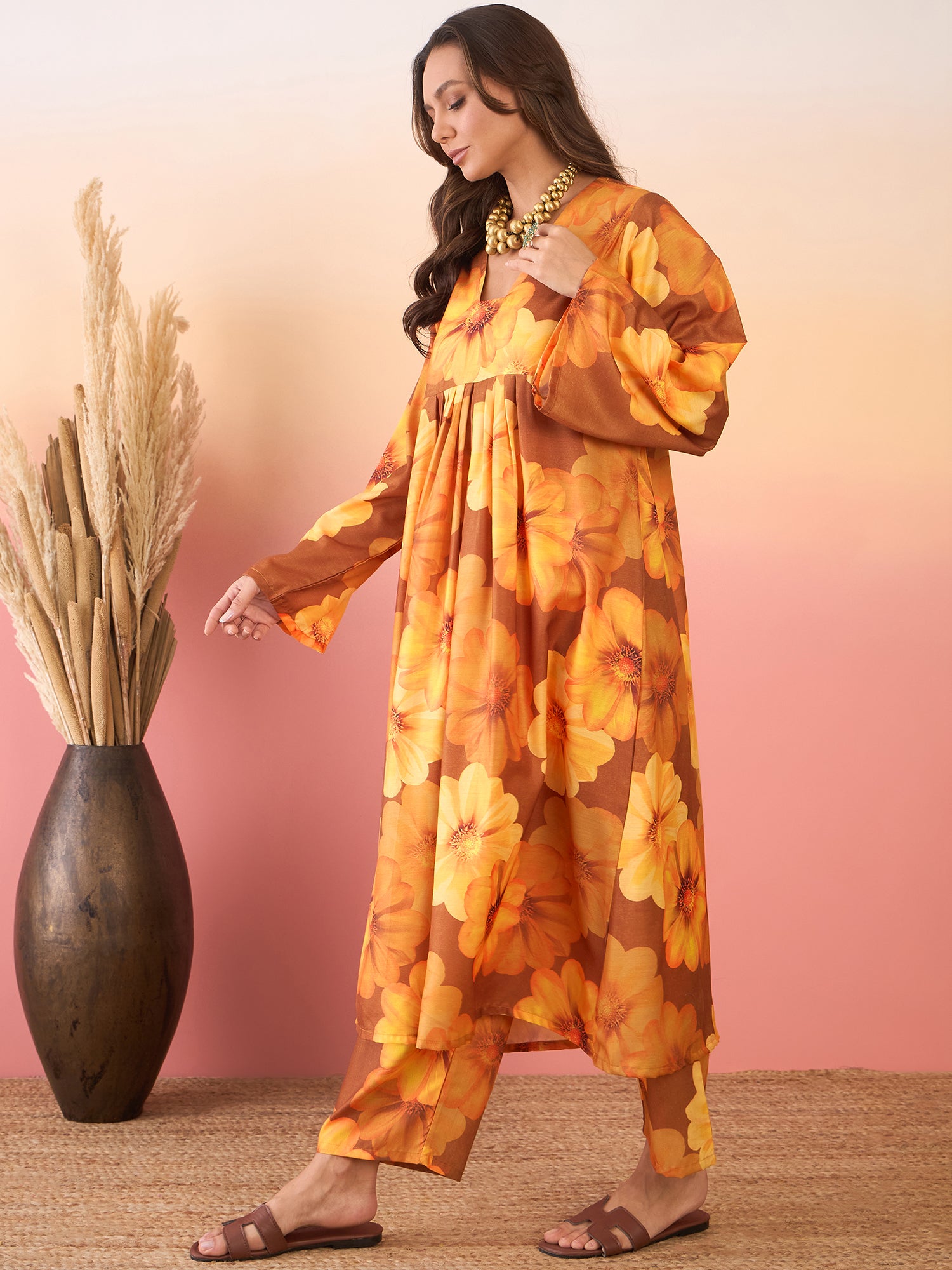 Bronze Sunflower Print V Neck Front Pleat Kurta Set