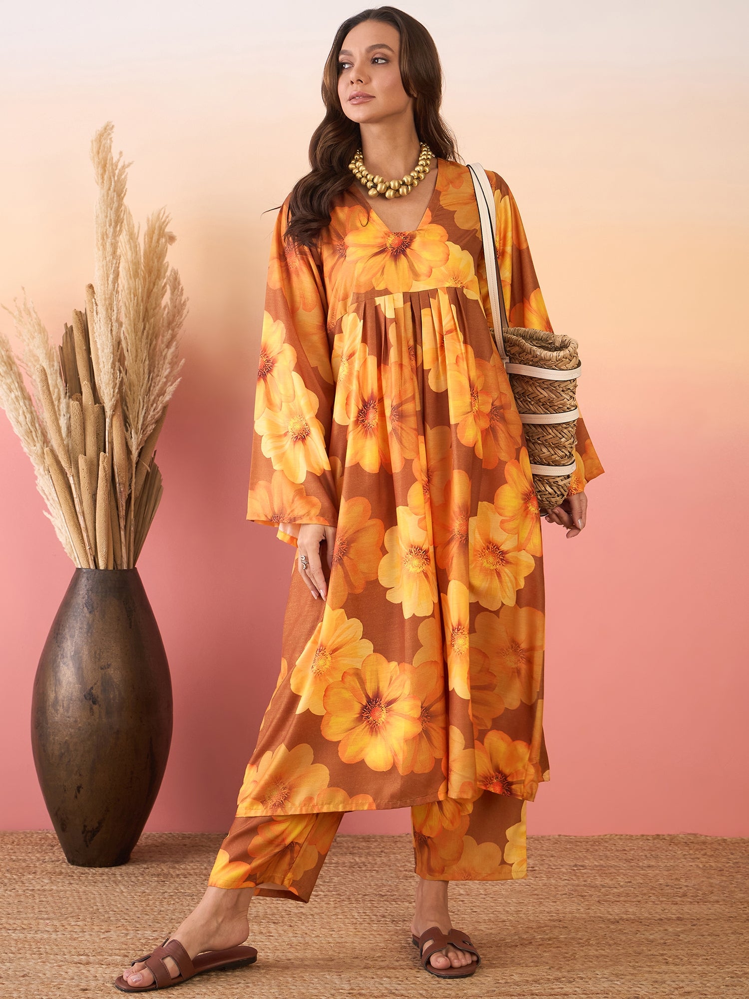 Bronze Sunflower Print V Neck Front Pleat Kurta Set