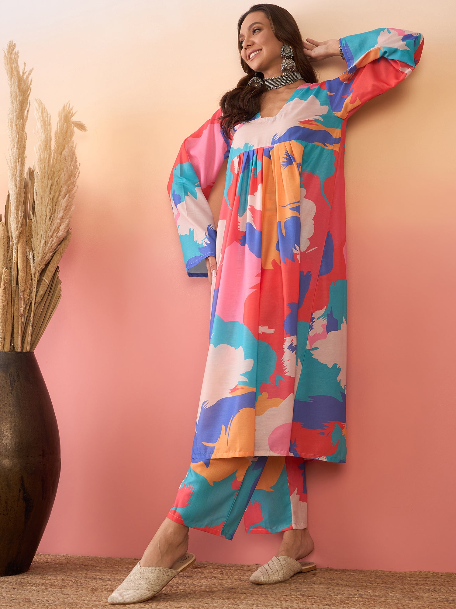 Multi Abstract Print V Neck Front Pleat Kurta Set