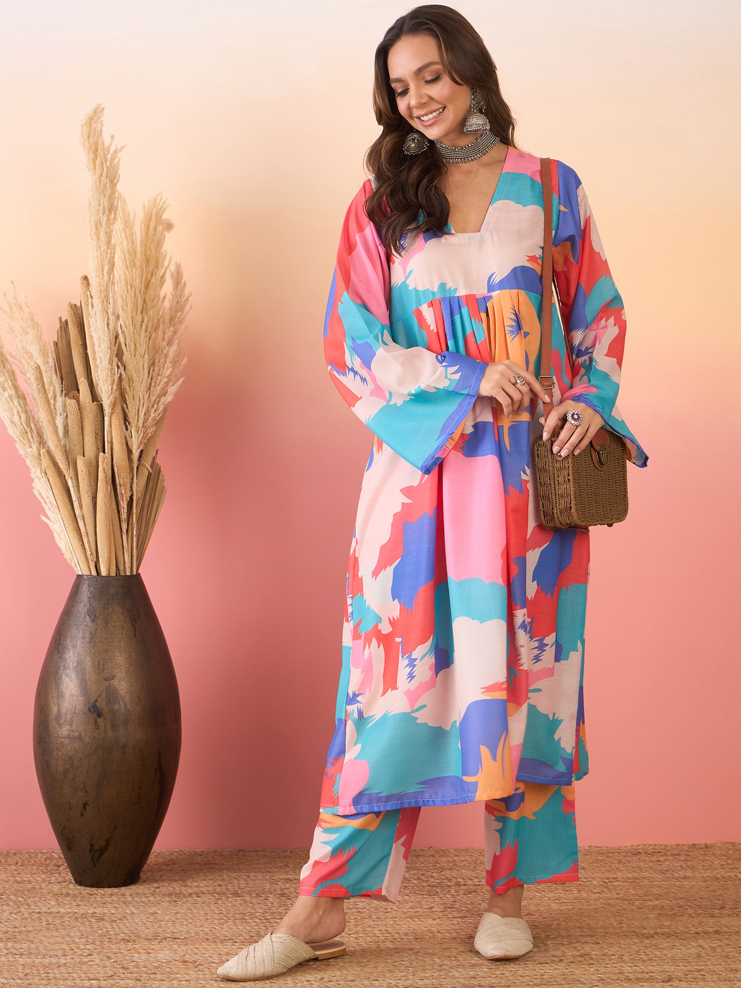 Multi Abstract Print V Neck Front Pleat Kurta Set