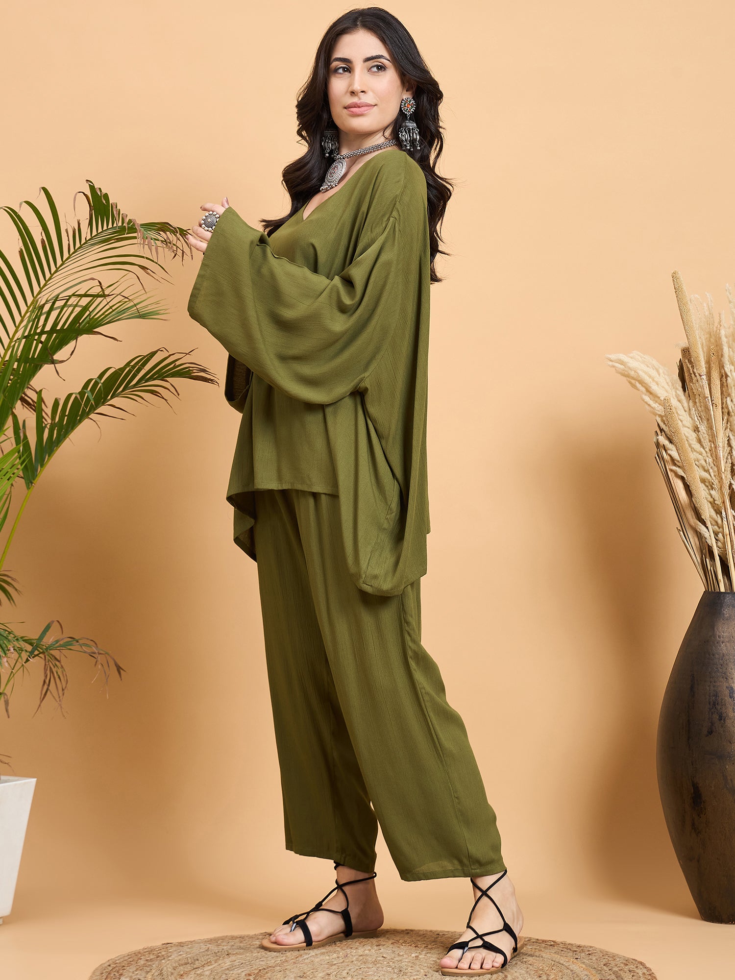 Mehandi Green Kaftan Boho Coord Set