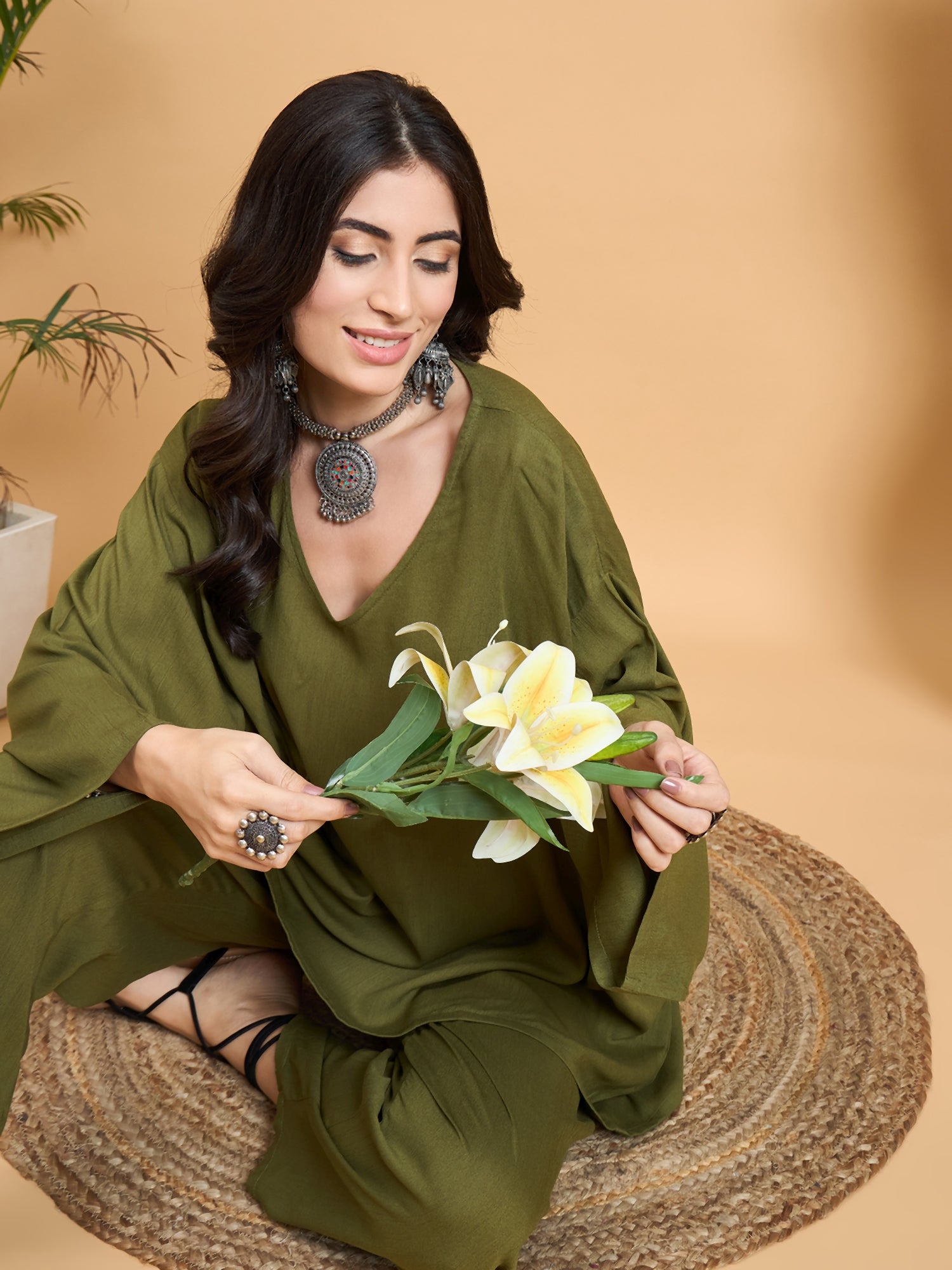 Mehandi Green Kaftan Boho Coord Set