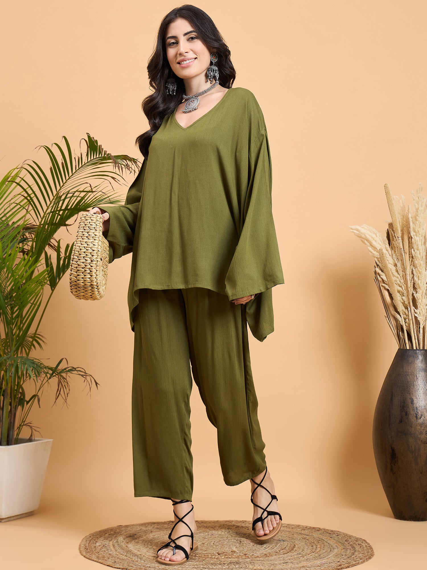 Mehandi Green Kaftan Boho Coord Set