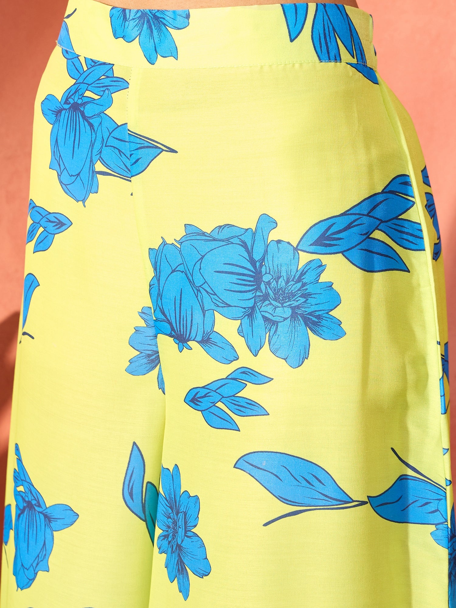 Neon Azure Floral Round Neck Kurta Short Palazzo Set