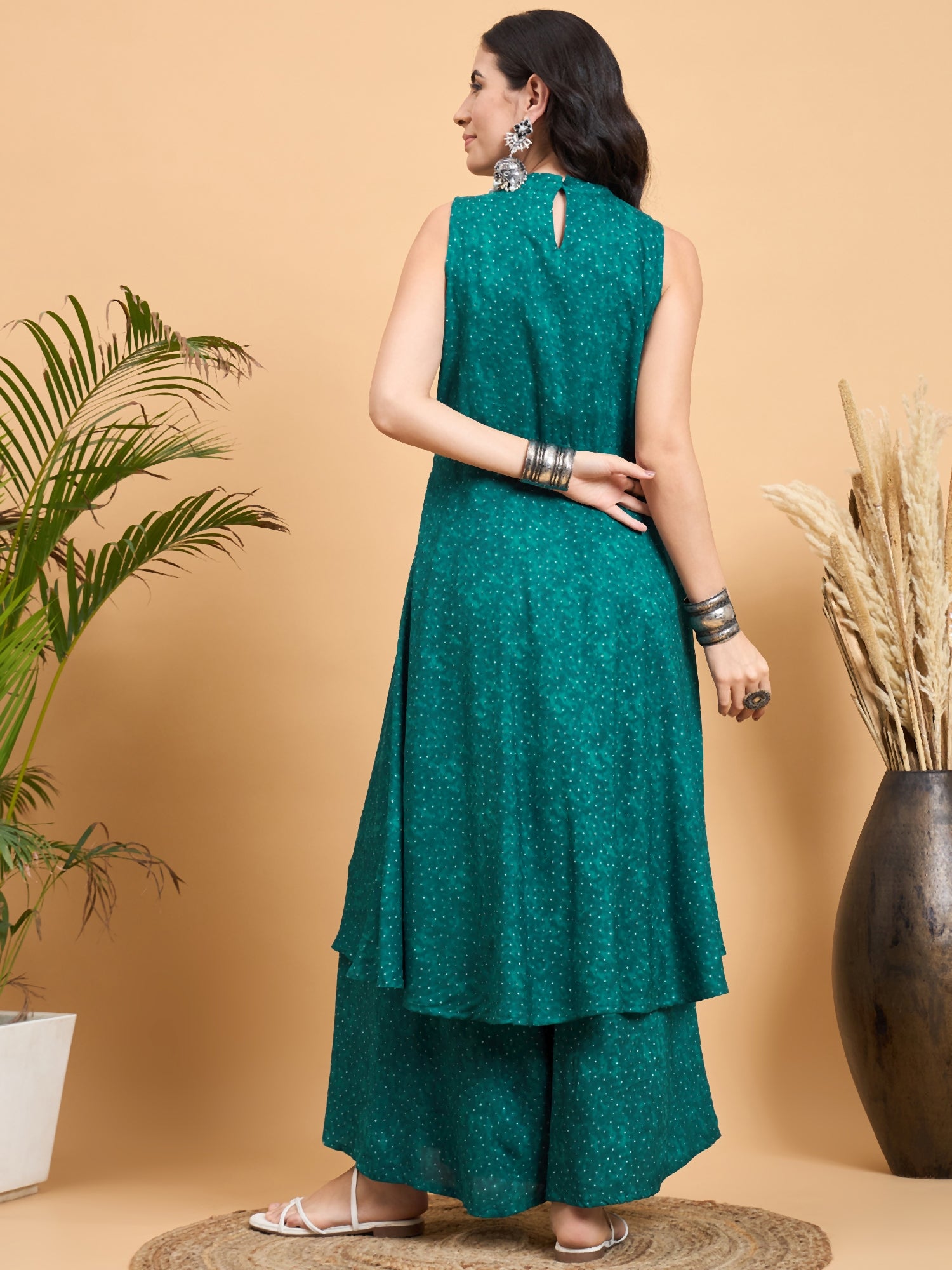 Teal Dot Print Halter Neck W/S Kurta Set