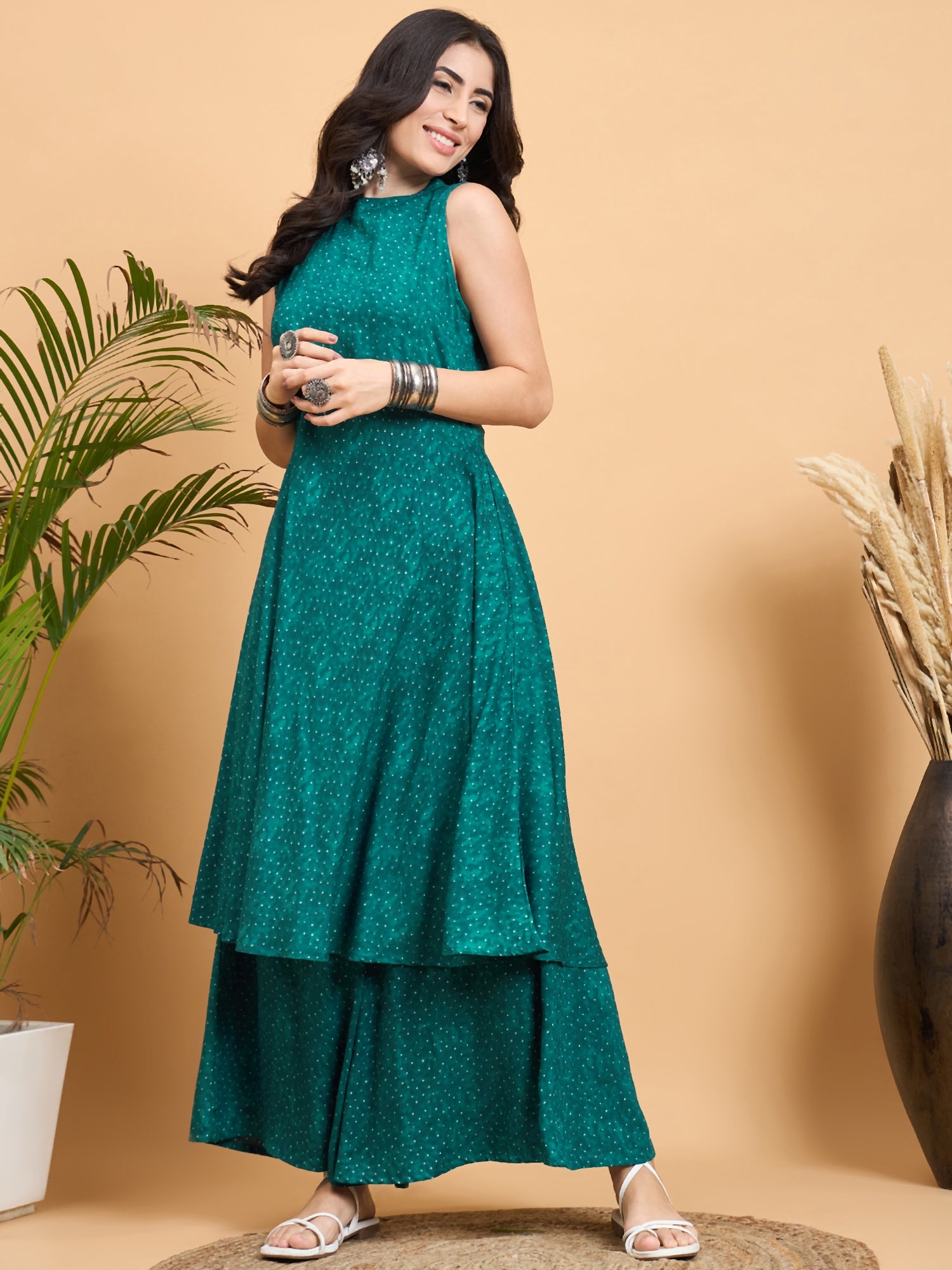 Teal Dot Print Halter Neck W/S Kurta Set