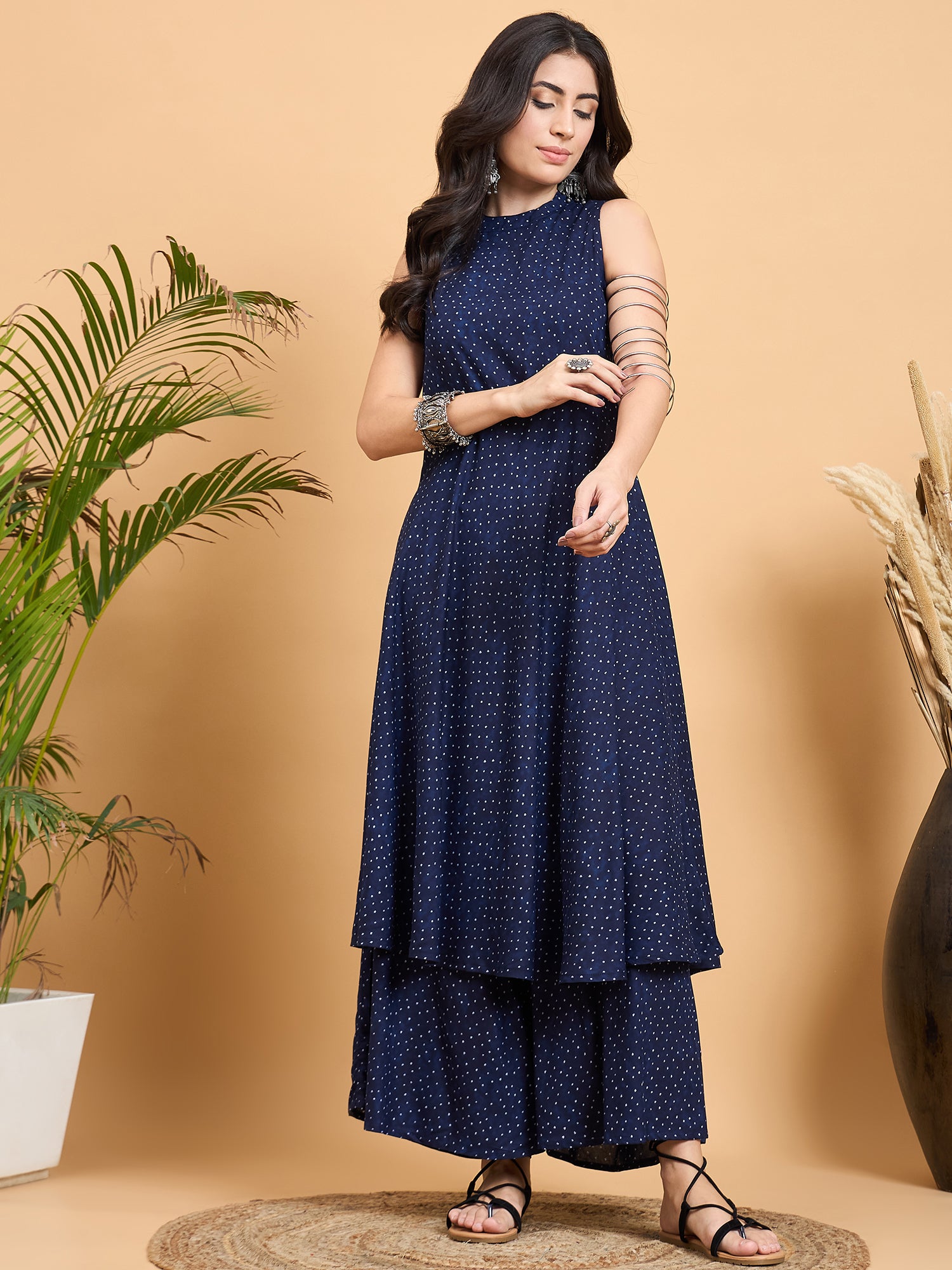 Navy Blue Dot Print Halter Neck W/S Kurta Set