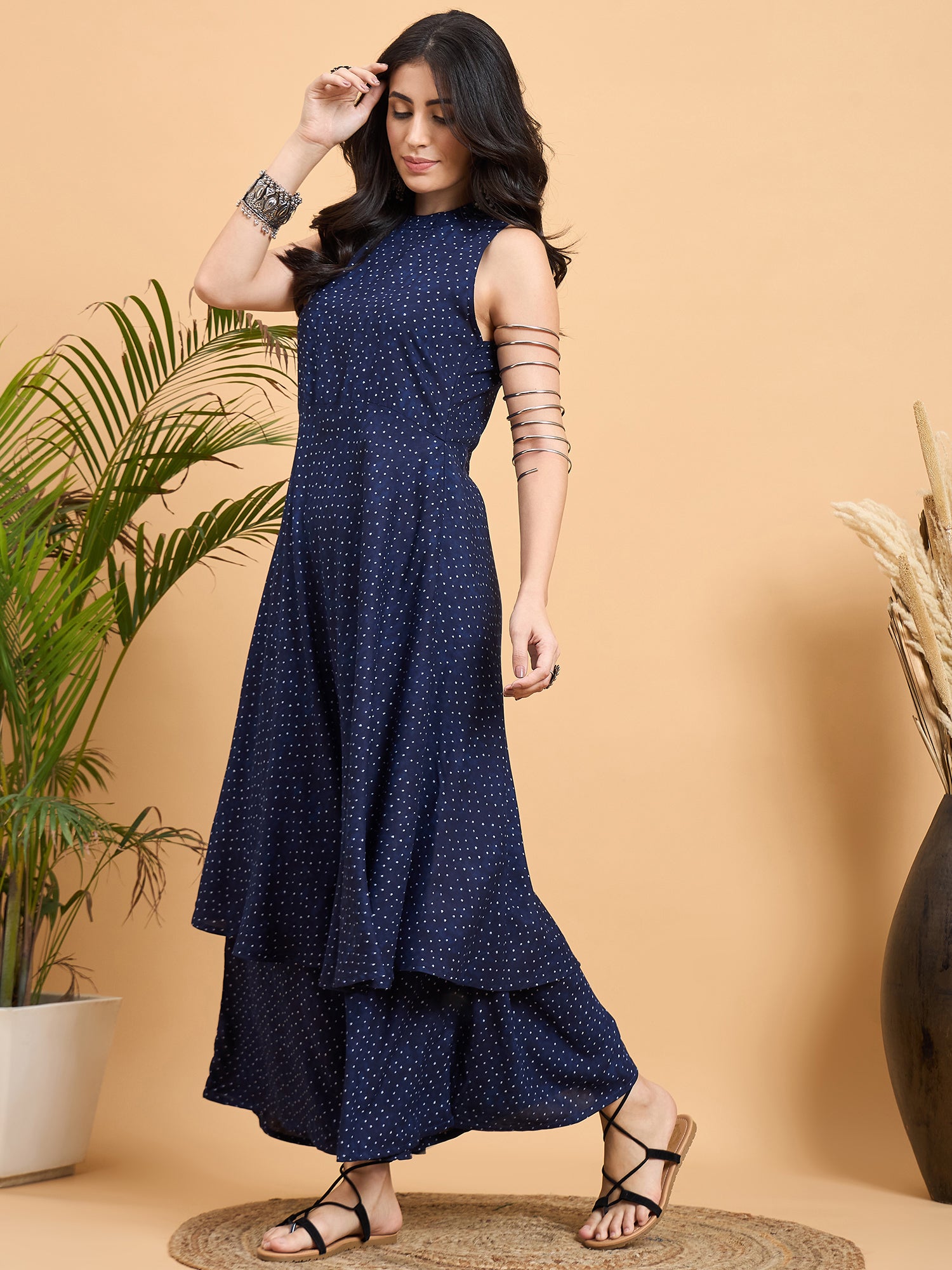 Navy Blue Dot Print Halter Neck W/S Kurta Set