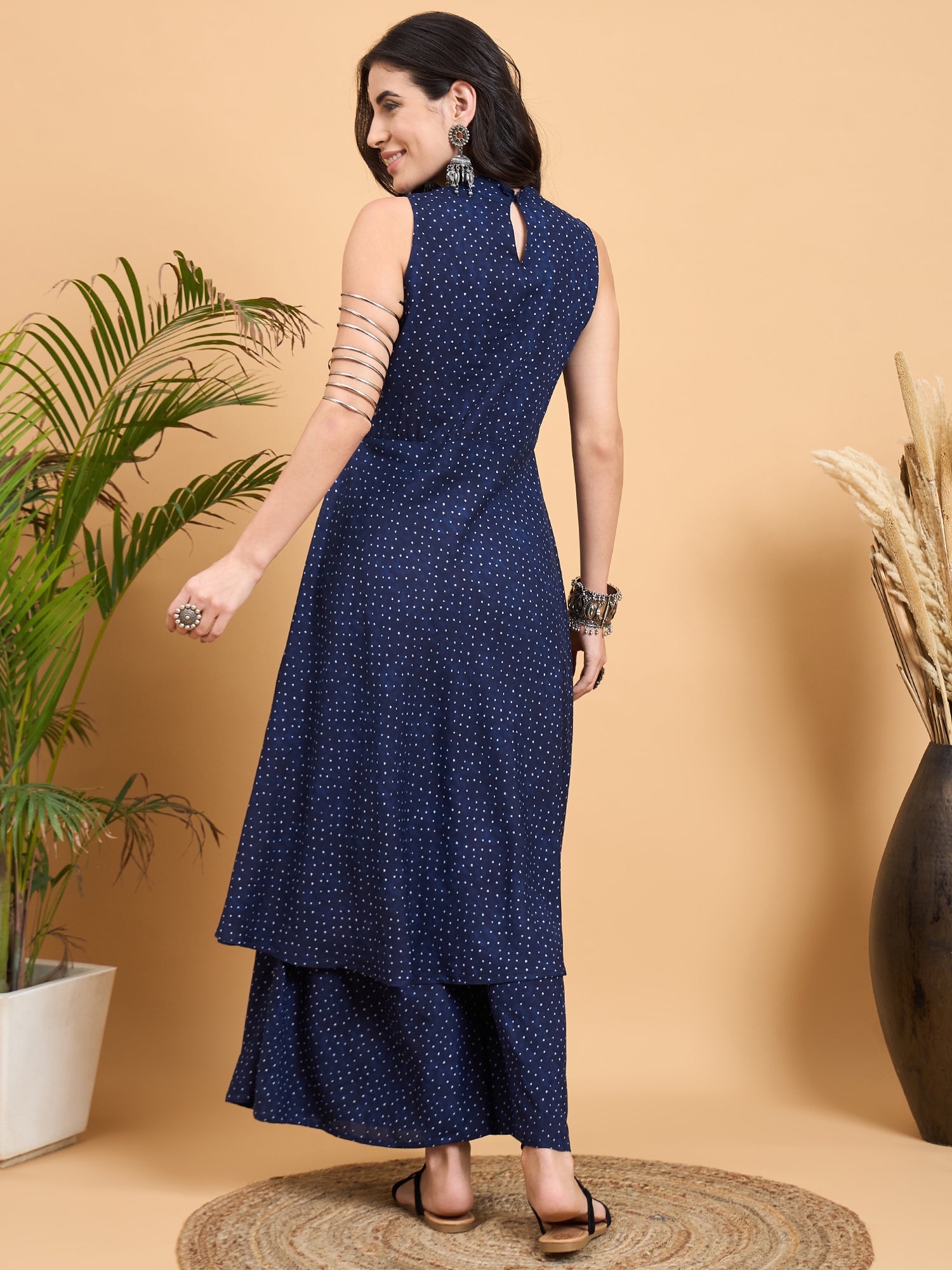 Navy Blue Dot Print Halter Neck W/S Kurta Set