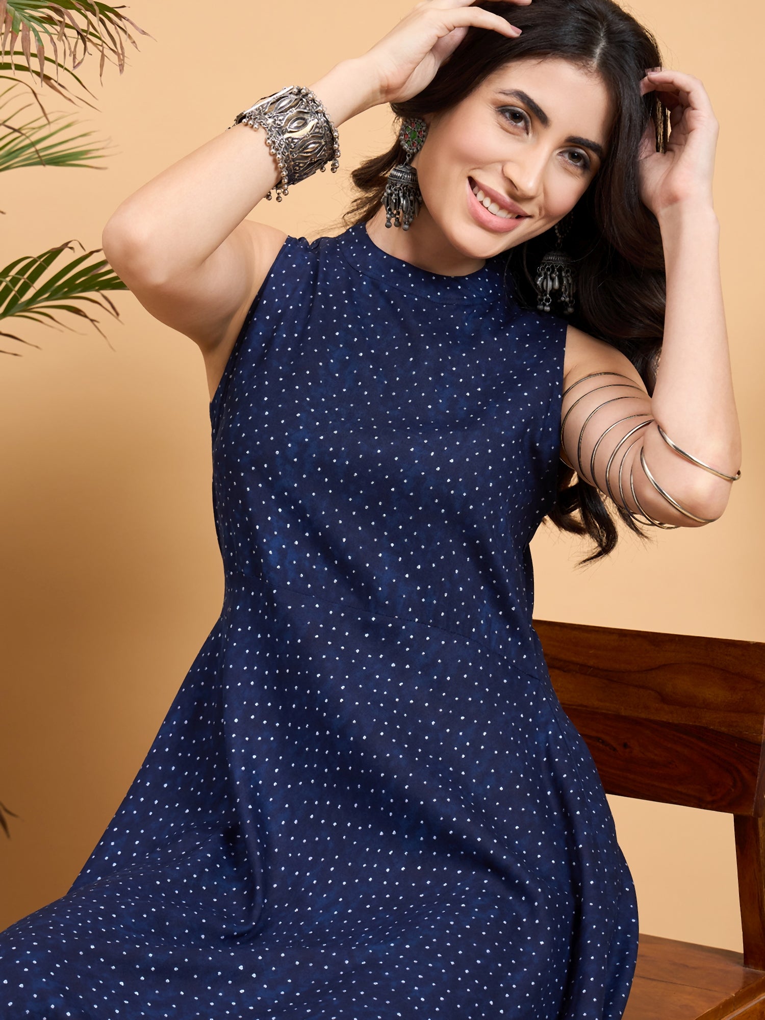 Navy Blue Dot Print Halter Neck W/S Kurta Set