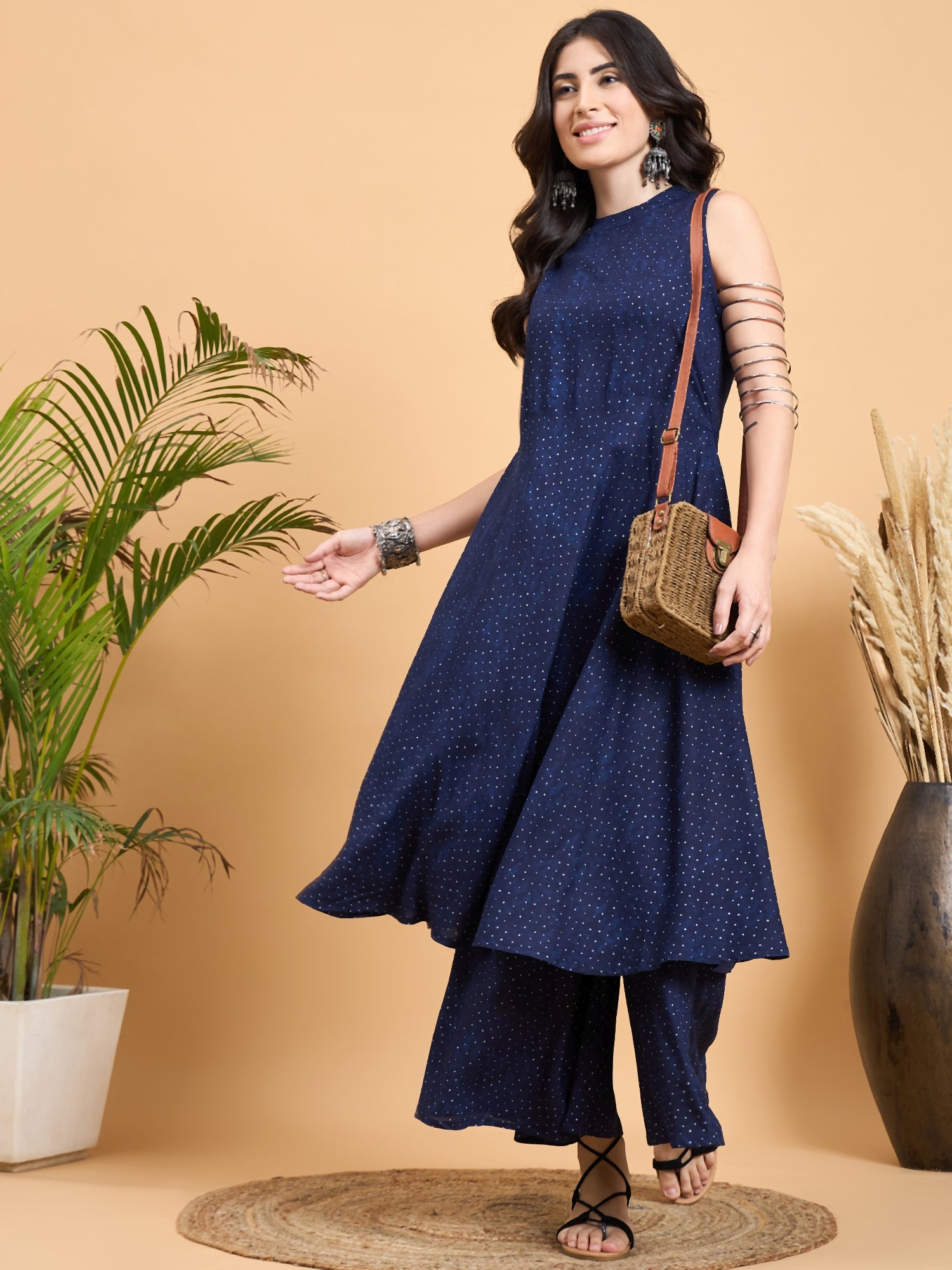 Navy Blue Dot Print Halter Neck W/S Kurta Set