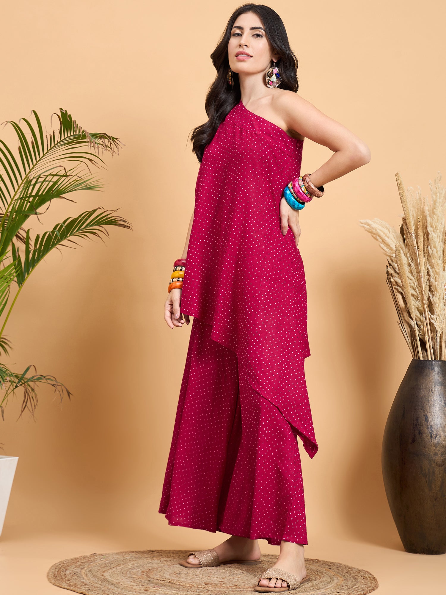 Rospbery Dot Print One Shoulder Palazzo Set