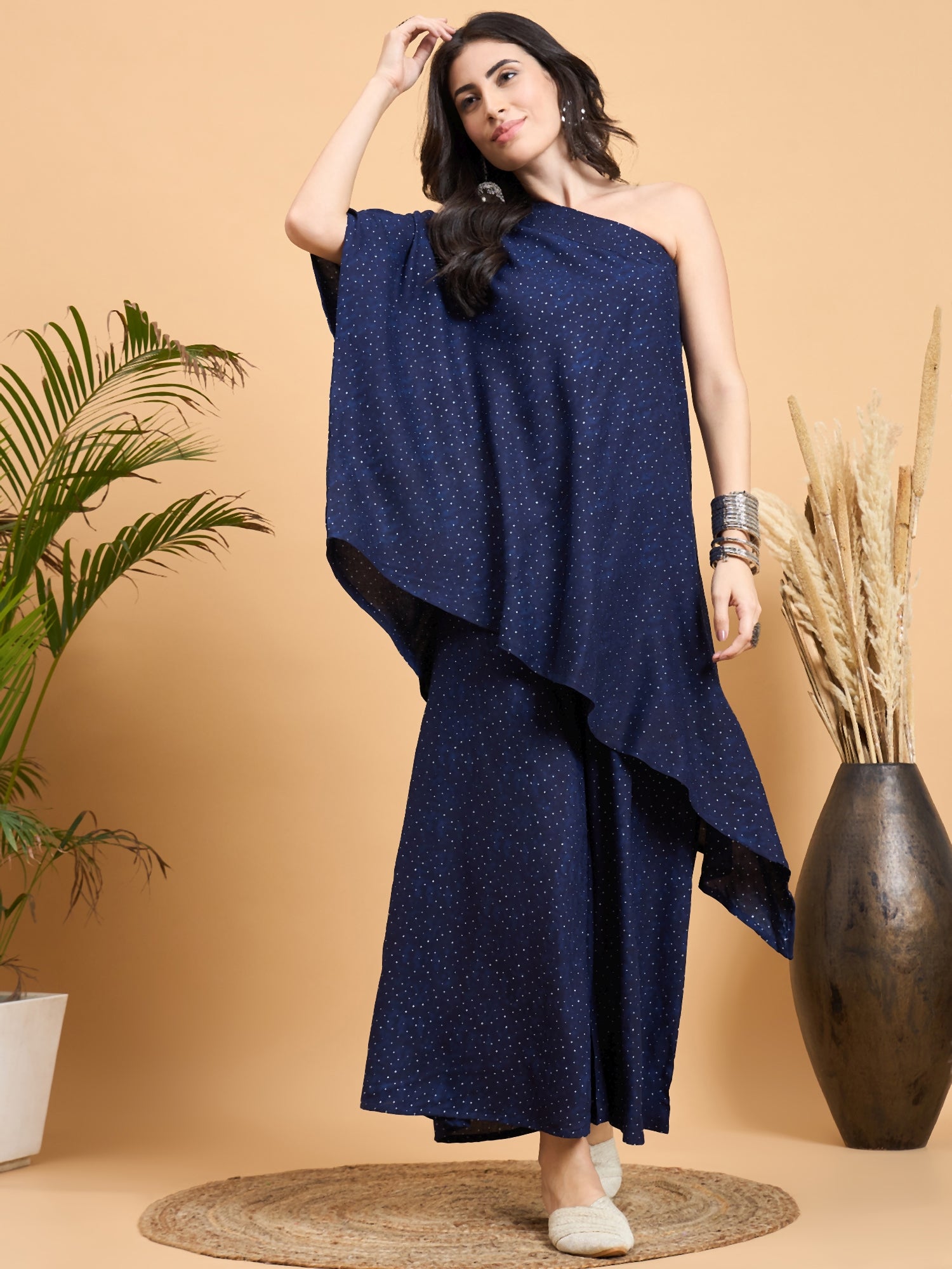 Navy Blue Dot Print One Shoulder Palazzo Set