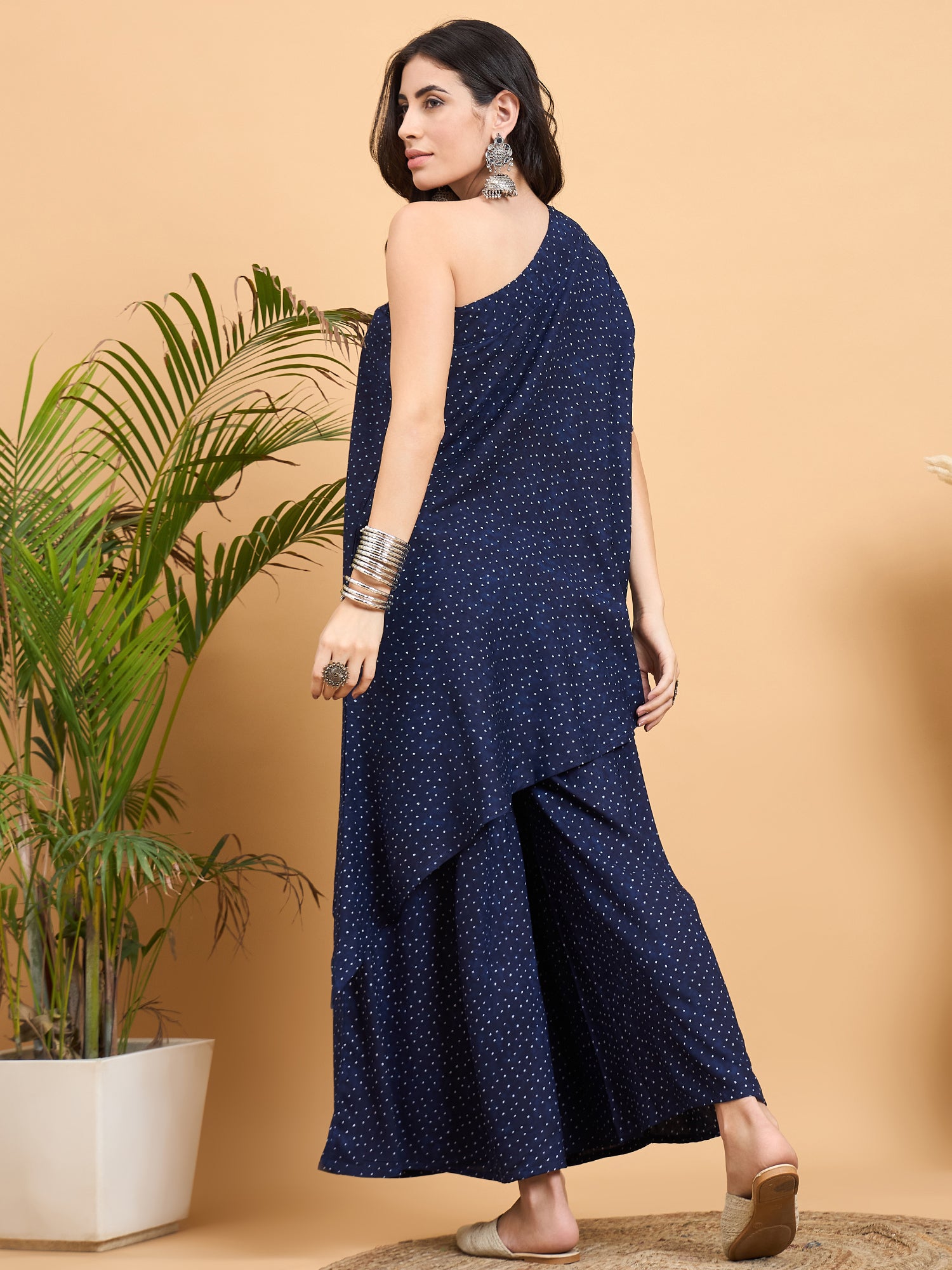 Navy Blue Dot Print One Shoulder Palazzo Set