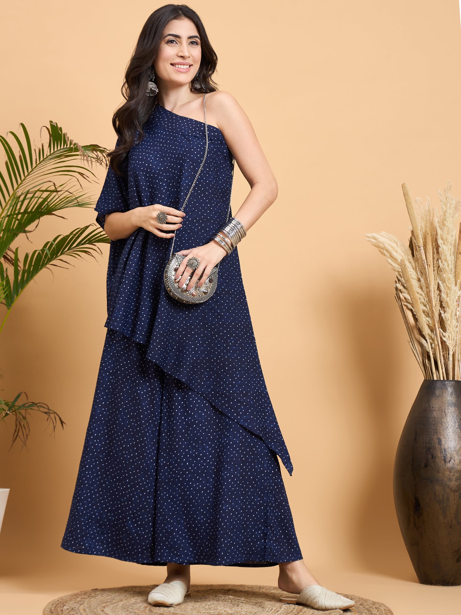 Navy Blue Dot Print One Shoulder Palazzo Set