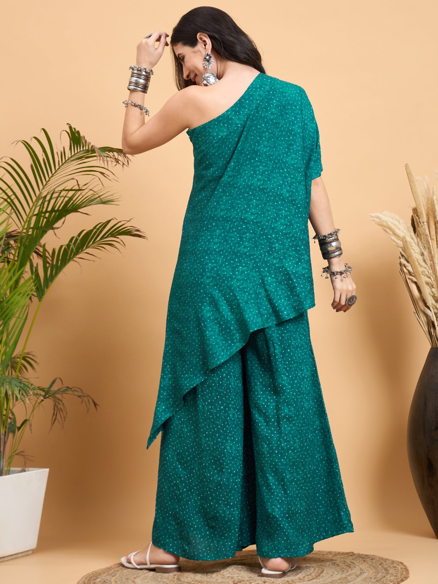 Teal Dot Print One Shoulder Palazzo Set