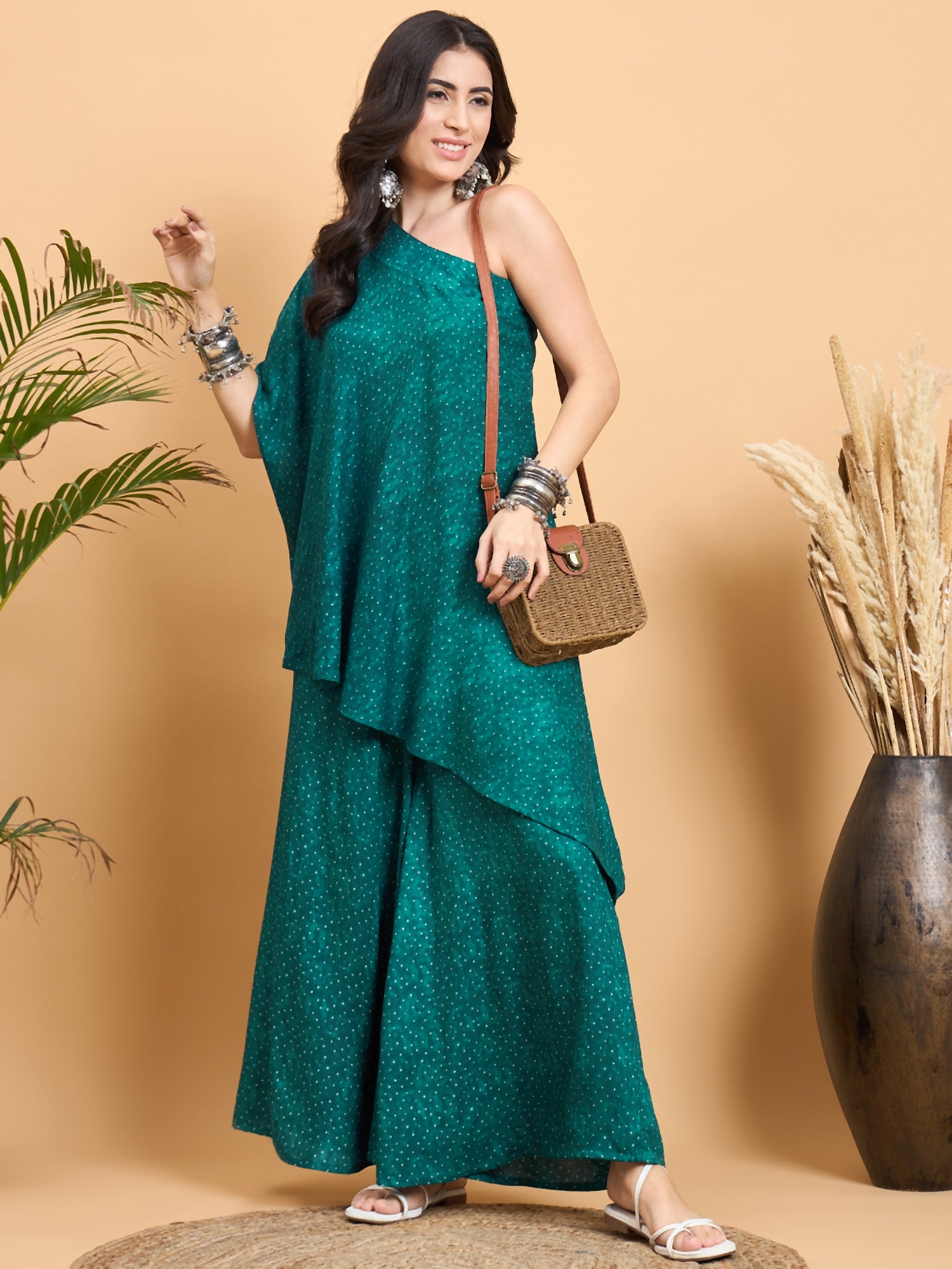 Teal Dot Print One Shoulder Palazzo Set