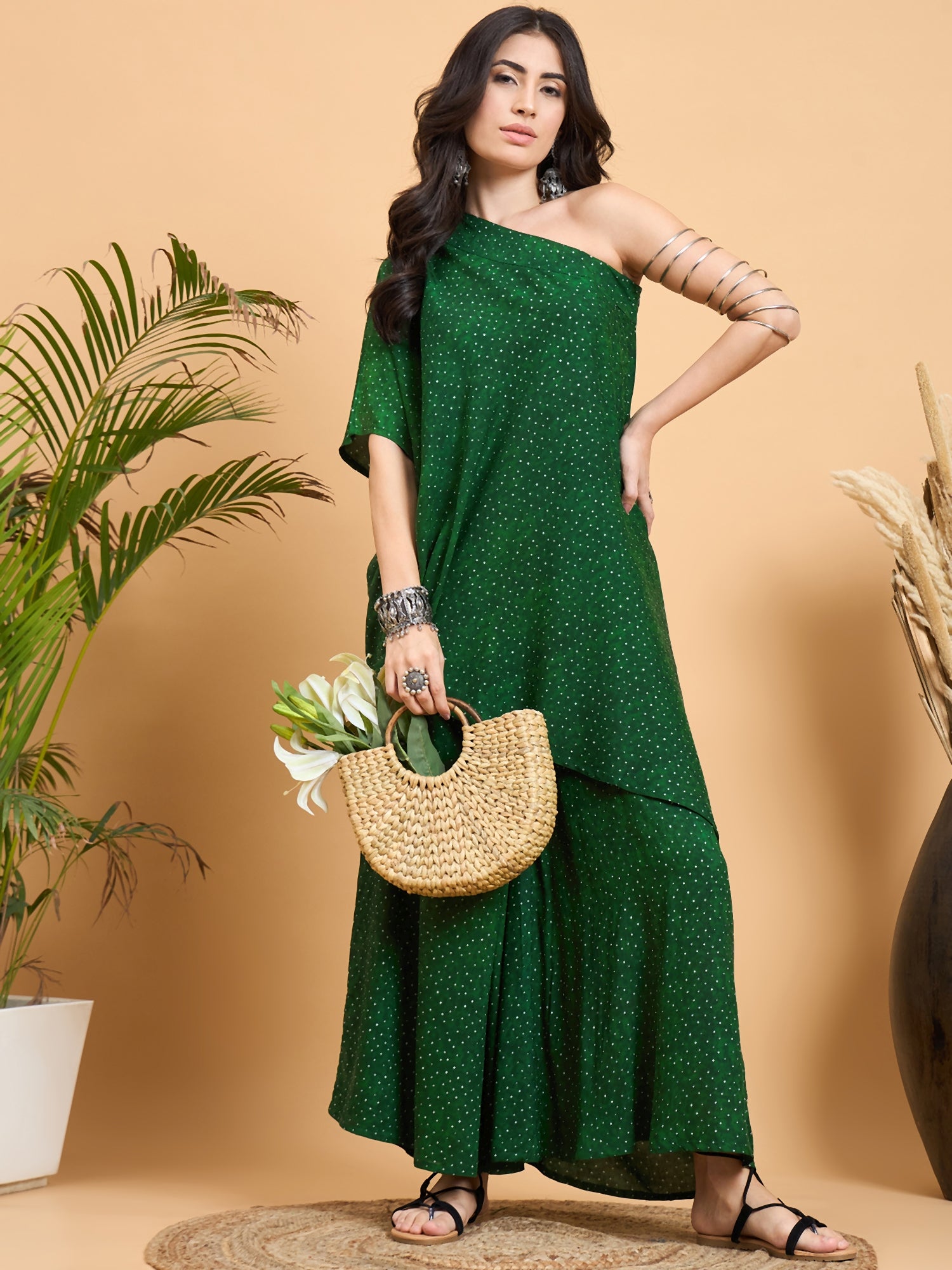 Emerald Green Dot Print One Shoulder Palazzo Set